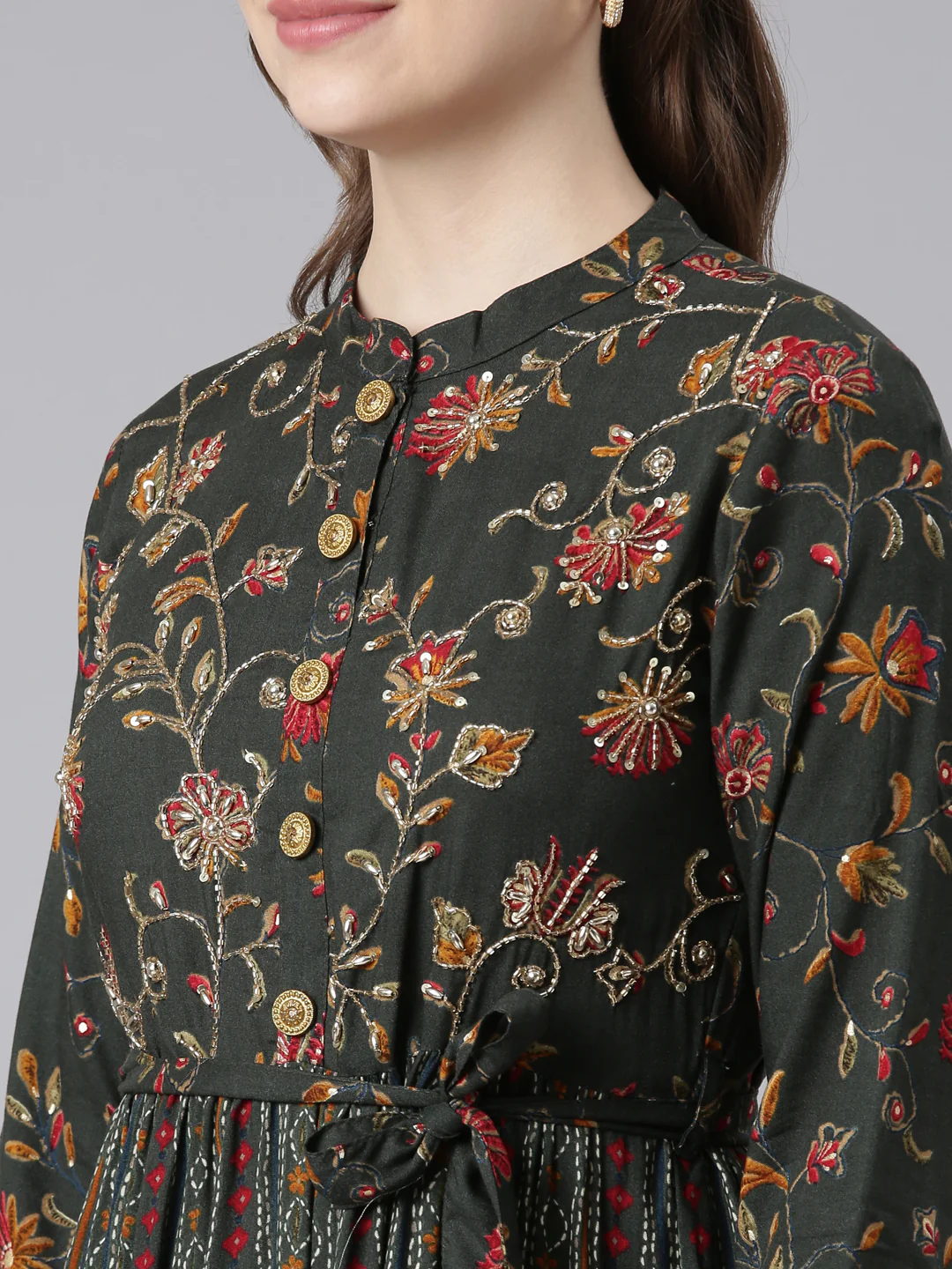 Neerus Olive Viscose Rayon Straight Casual Floral Maxi Dresses - Image 5