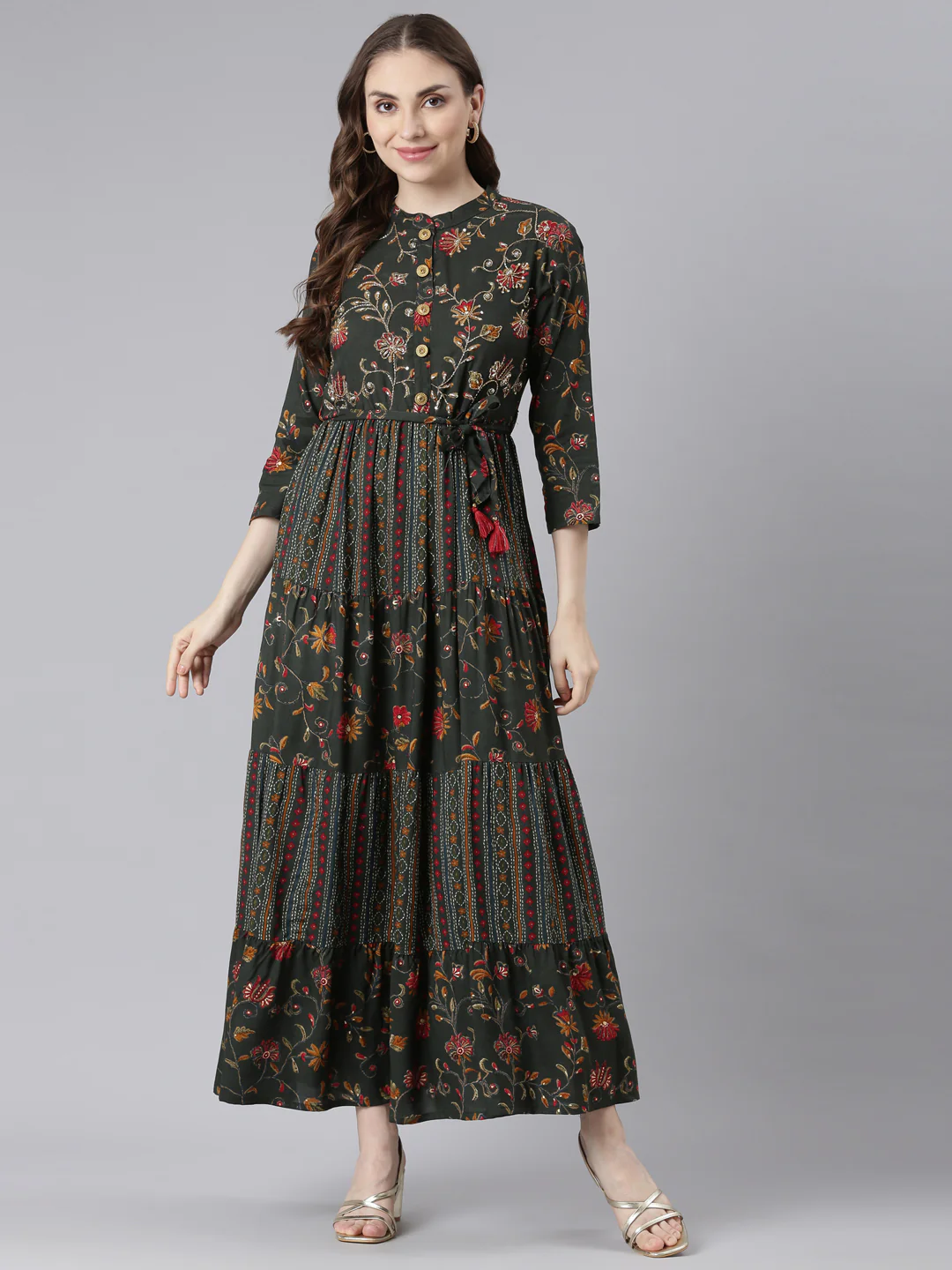 Neerus Olive Viscose Rayon Straight Casual Floral Maxi Dresses - Image 6