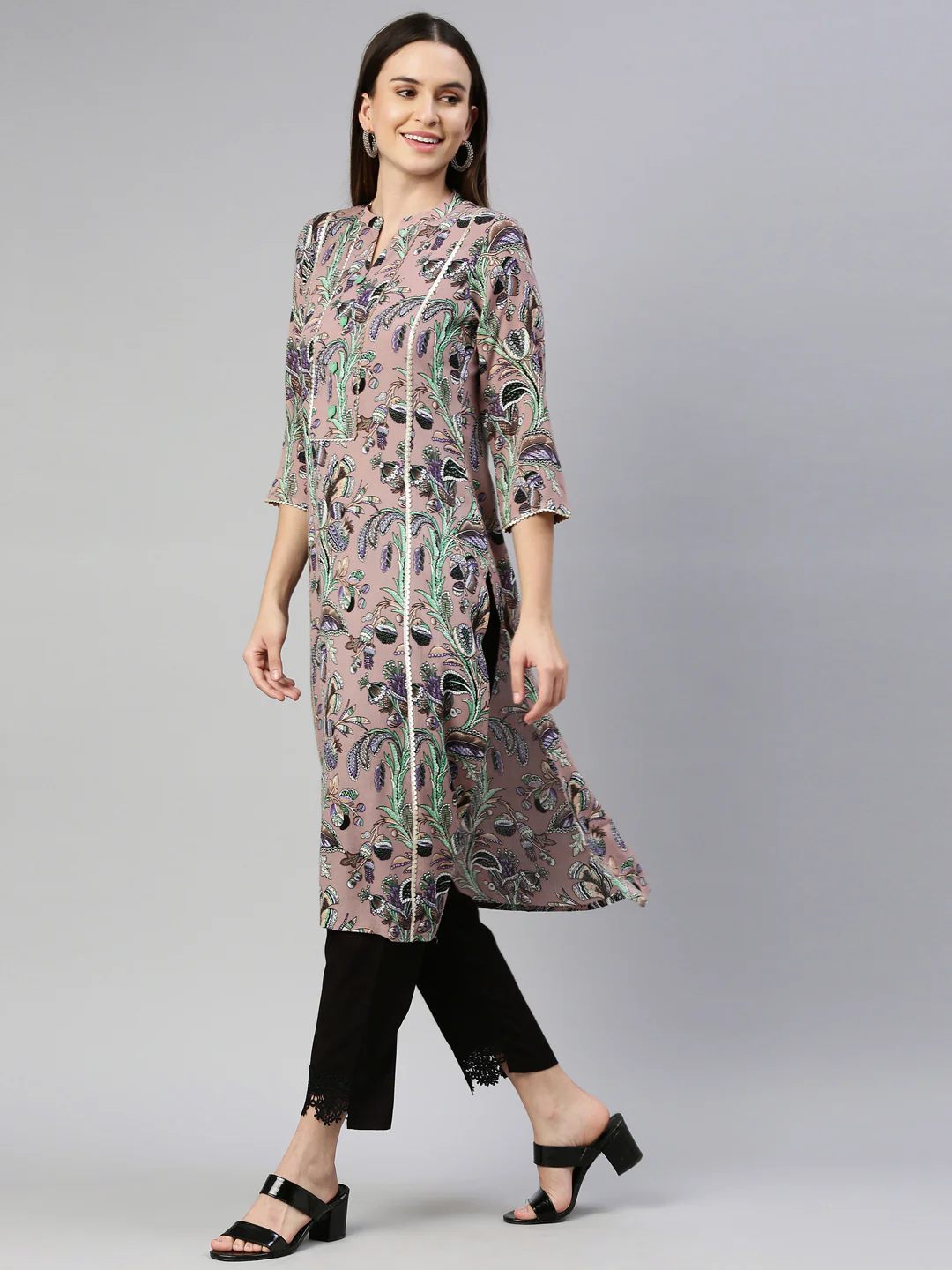 Neerus Onion Color Chiffon Fabric Kurta - Image 3