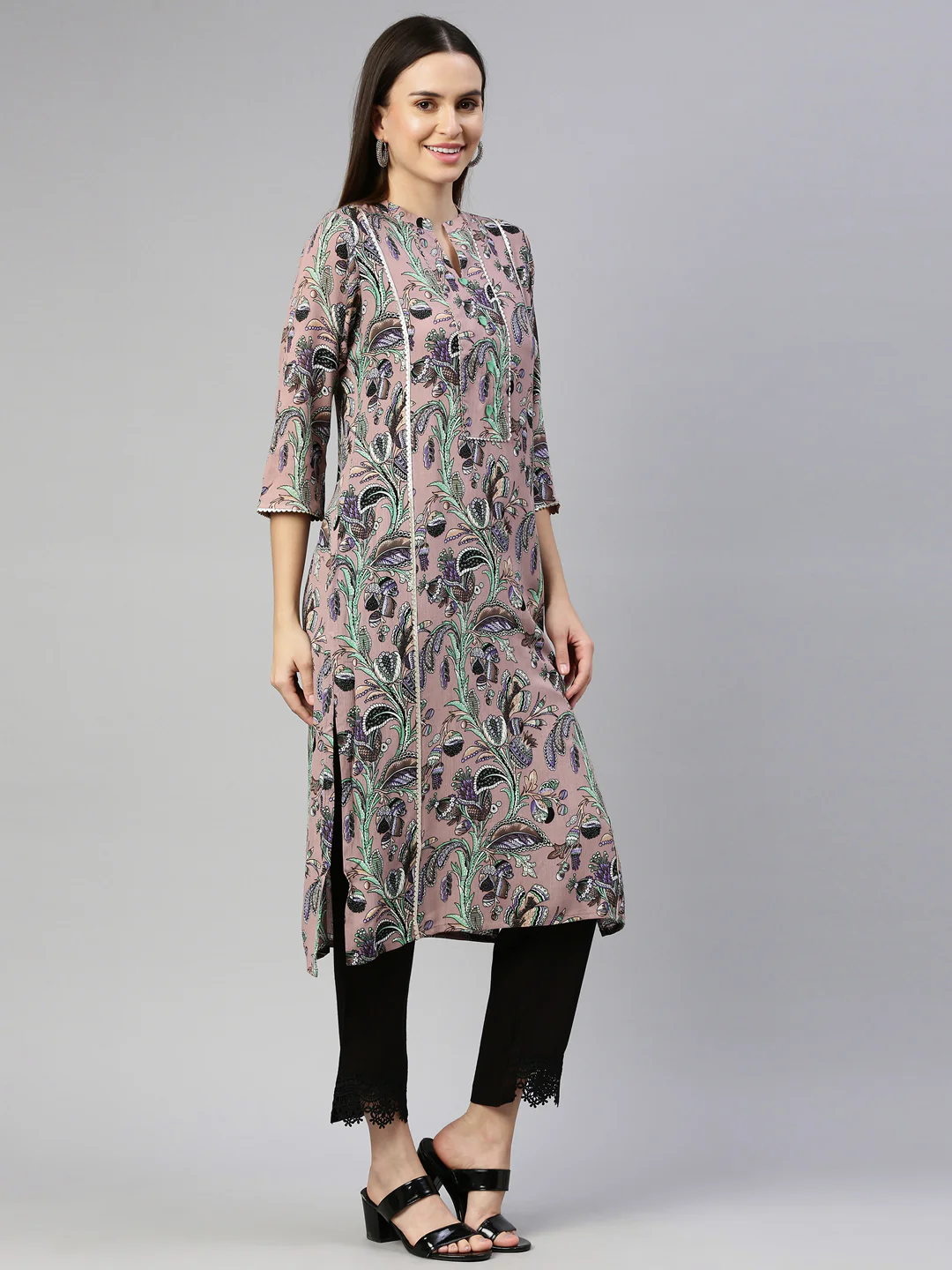 Neerus Onion Color Chiffon Fabric Kurta - Image 4