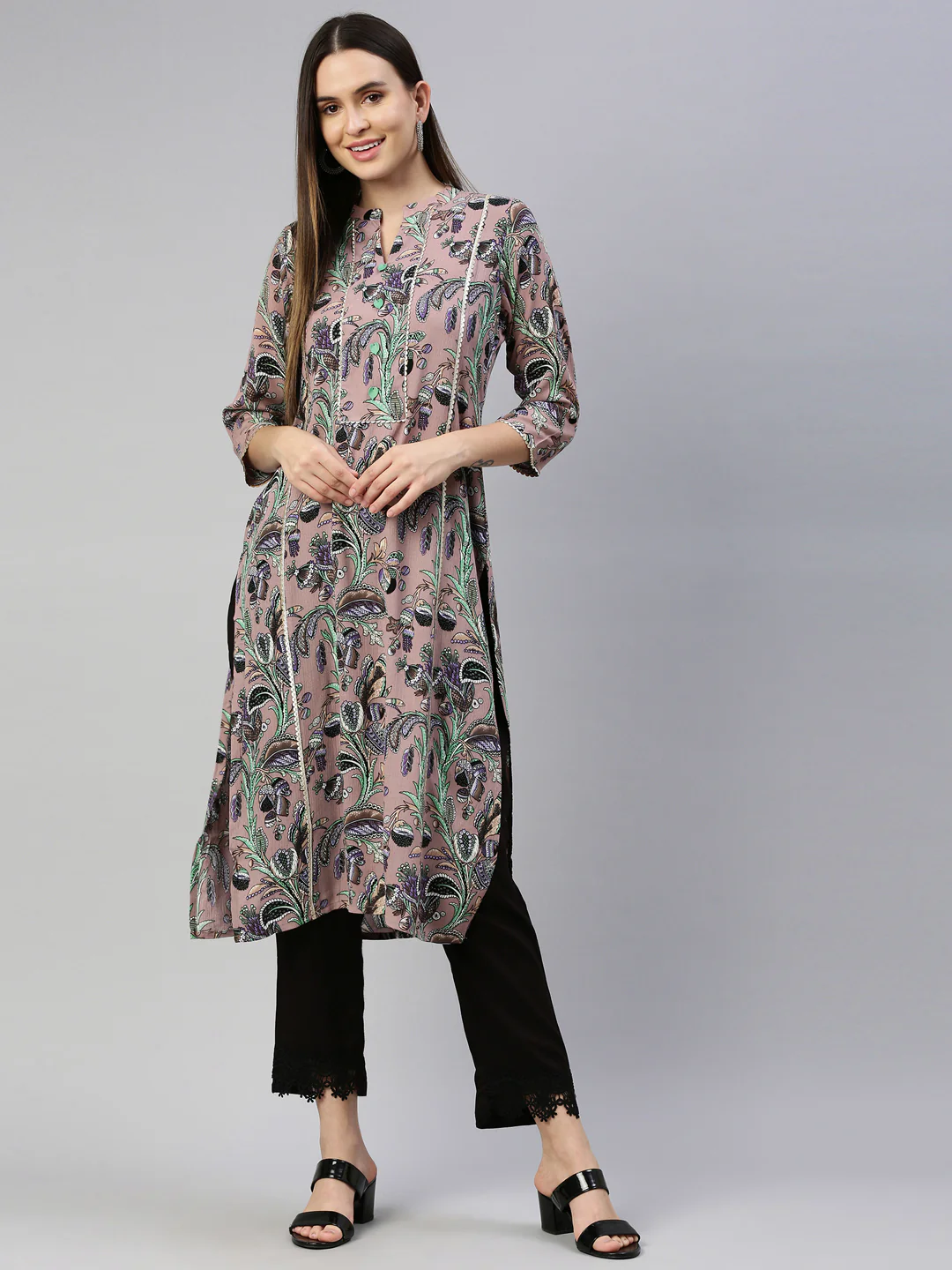 Neerus Onion Color Chiffon Fabric Kurta - Image 6