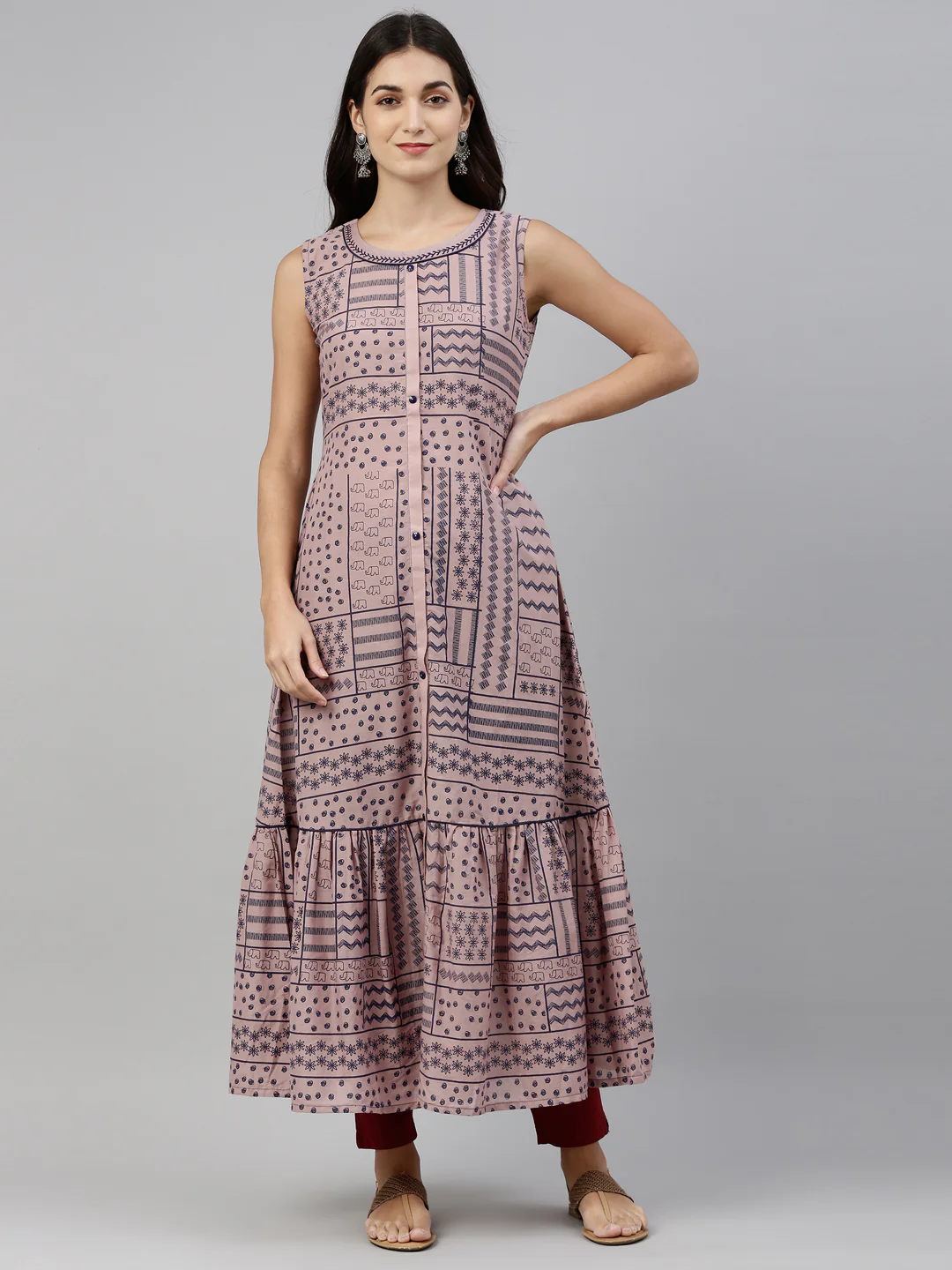 Neerus Onion Color Cotton Fabric Tunic