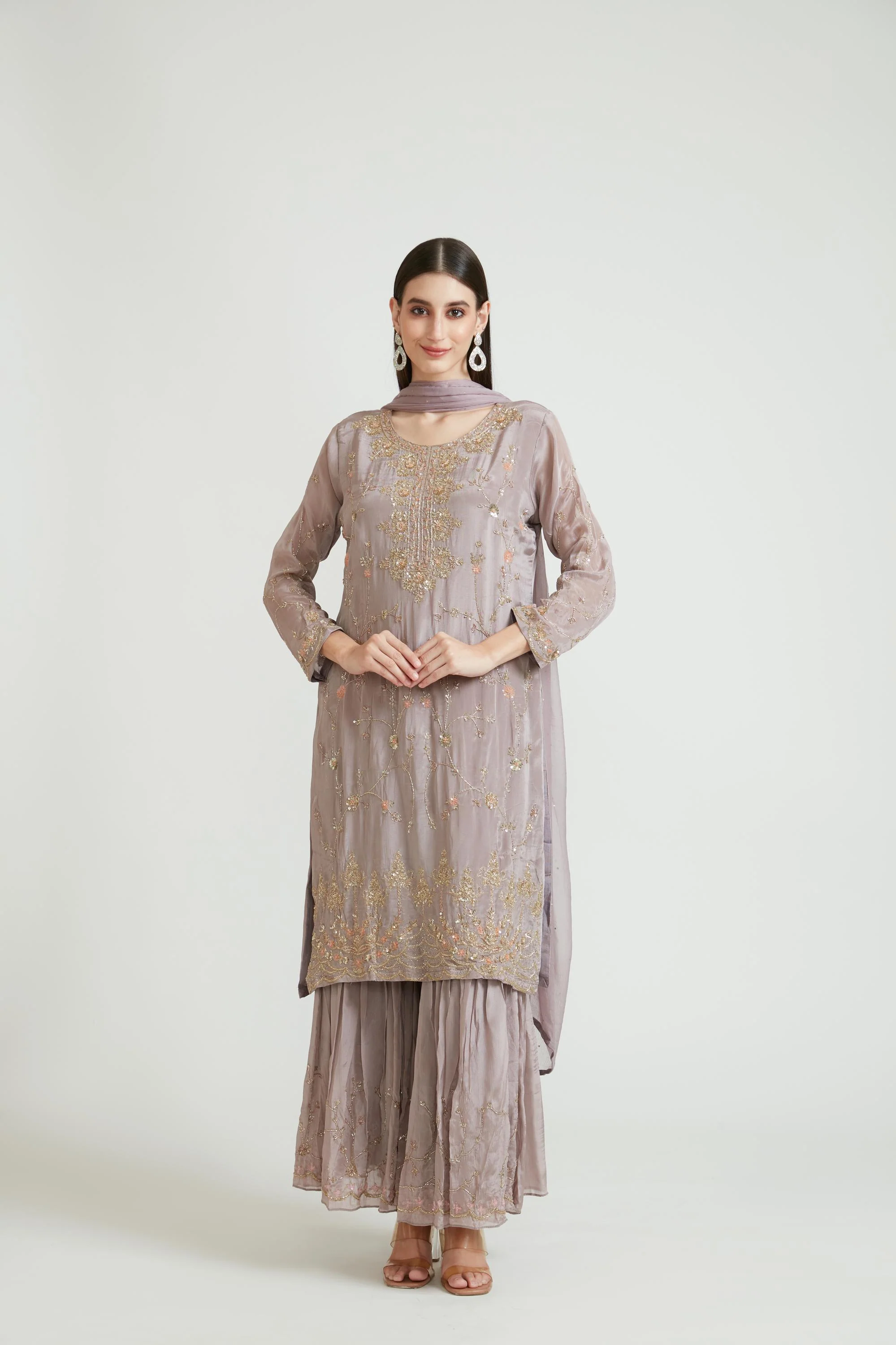 Neerus Onion Color Crepe Fabric Gharara Suit Set