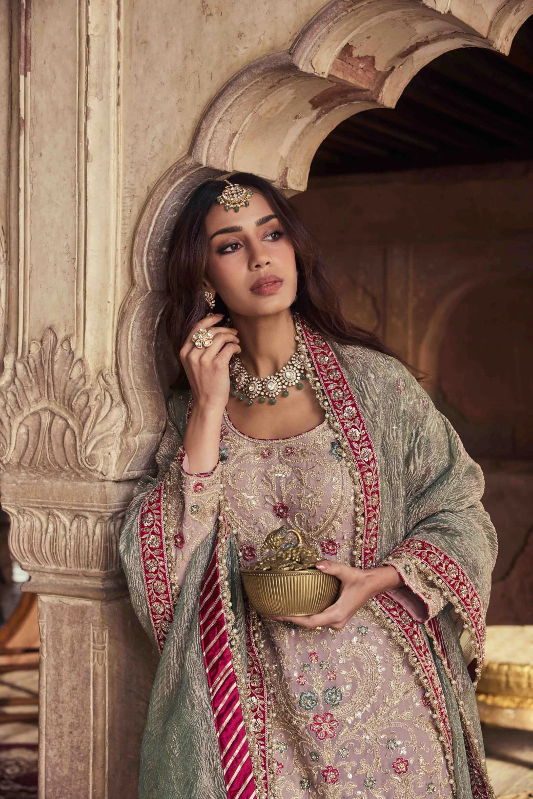 Neerus Onion Color Embroidery Bead and Stones Georgette Fabric Kurti and Gharara with Dupatta - Image 2
