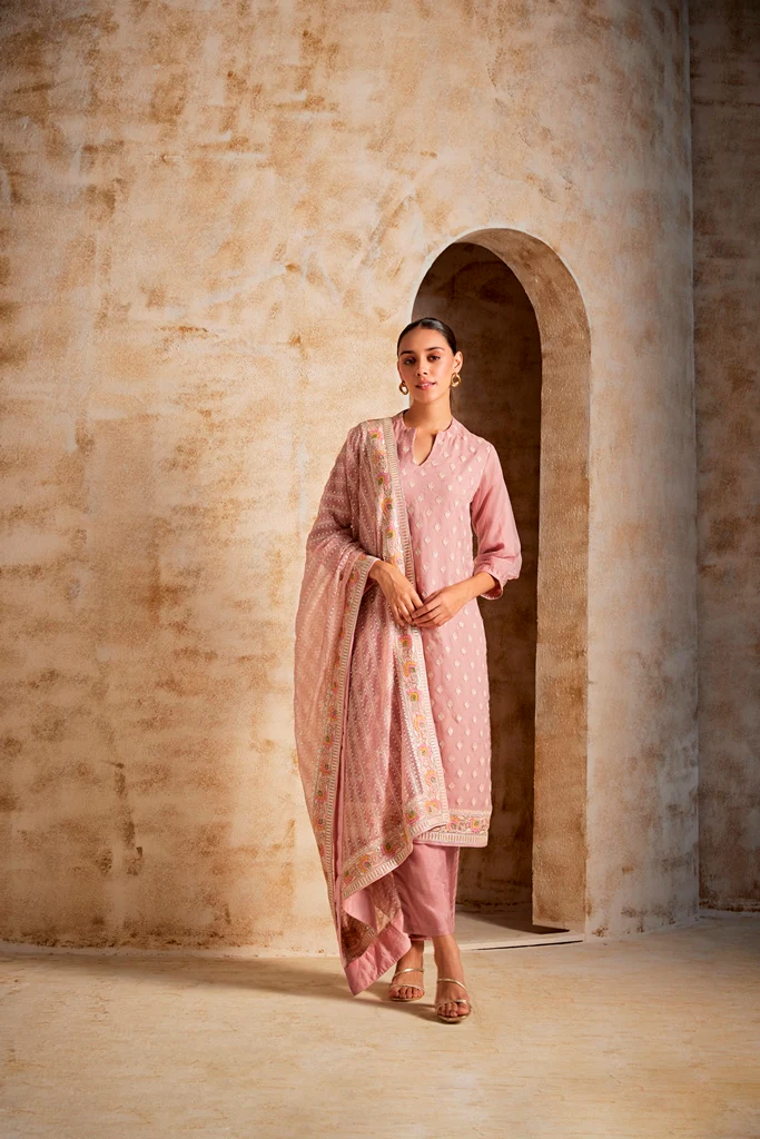 Neerus Onion Color Georgette Fabric Kurta Set