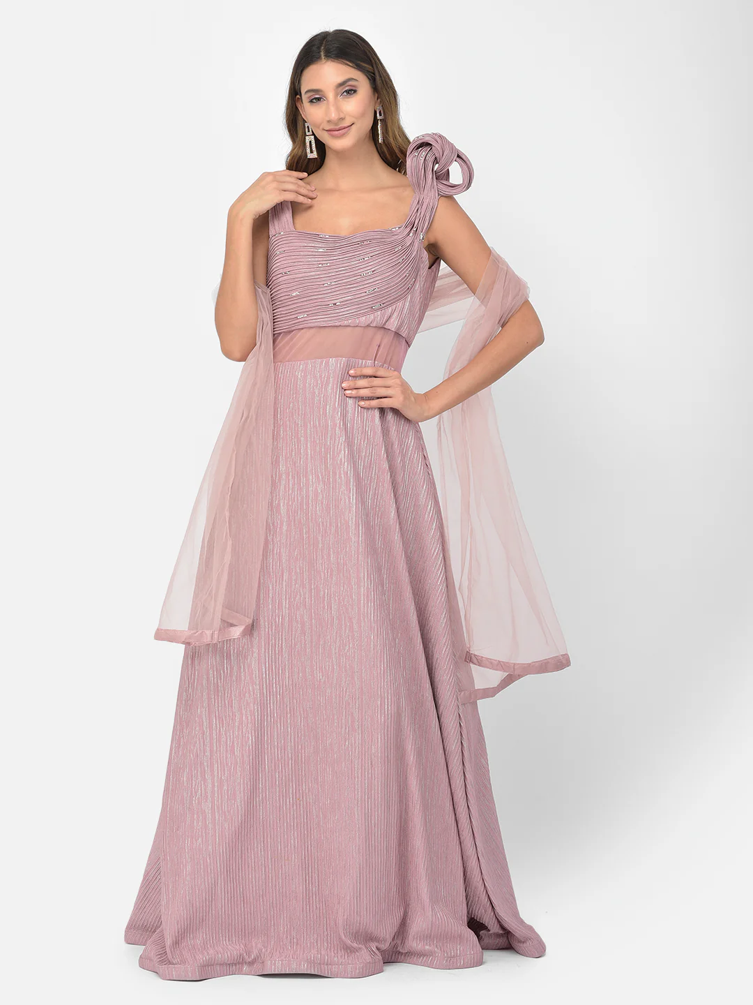 Neerus Onion Color Lycra Fabric Gown - Image 9