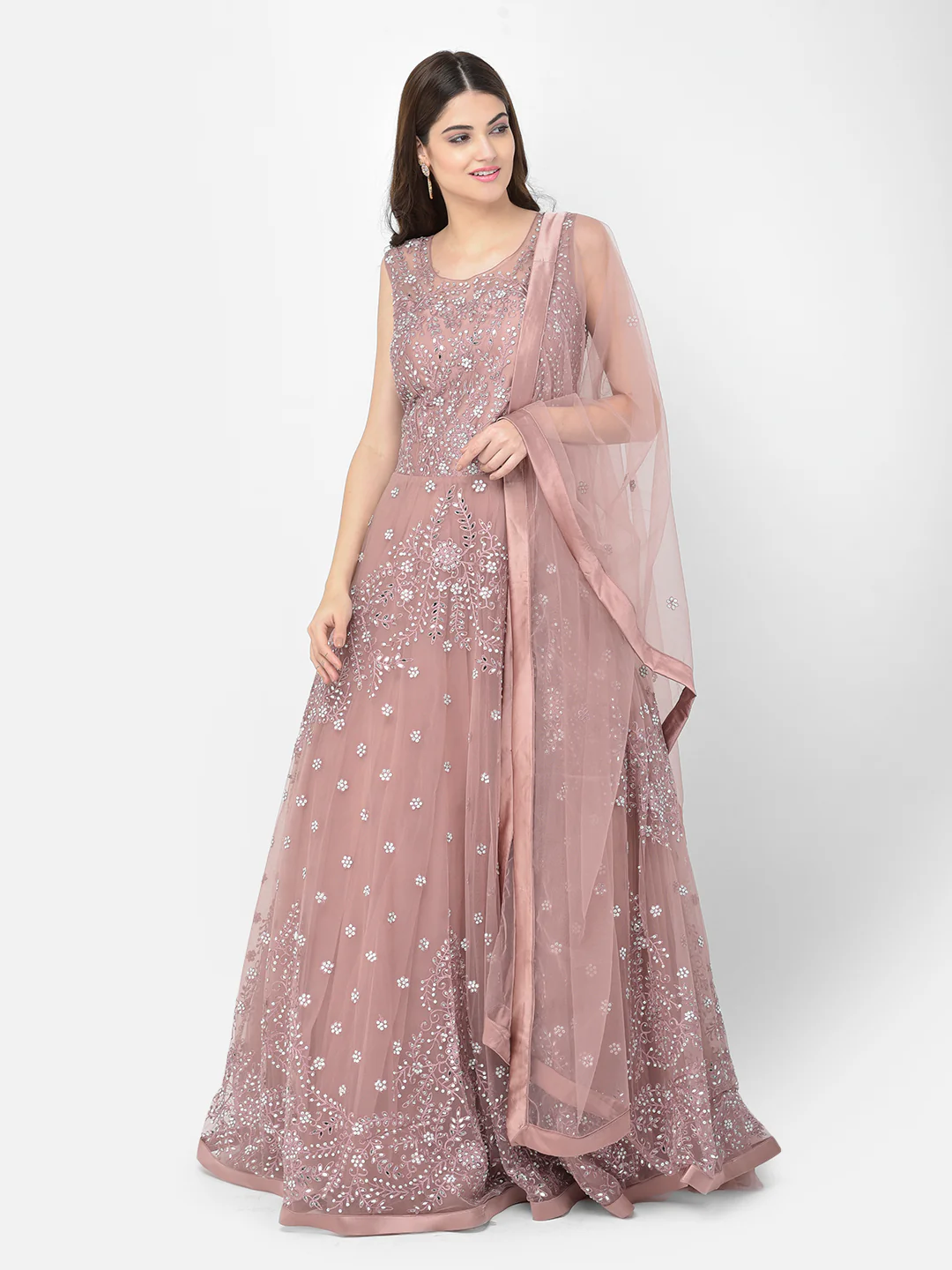 Neerus Onion Color Nett Fabric Gown - Image 15