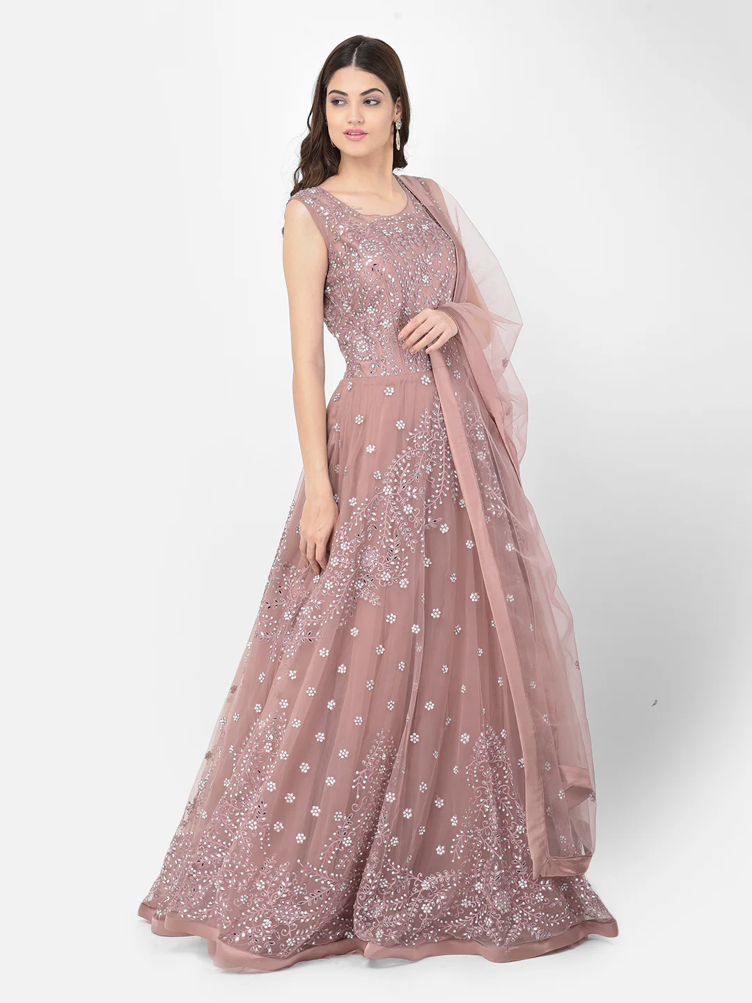 Neerus Onion Color Nett Fabric Gown - Image 17