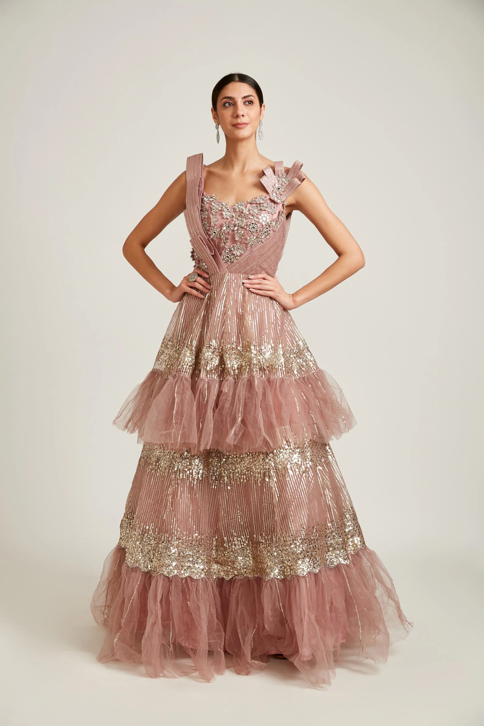 Neerus Onion Color Nett Fabric Gown