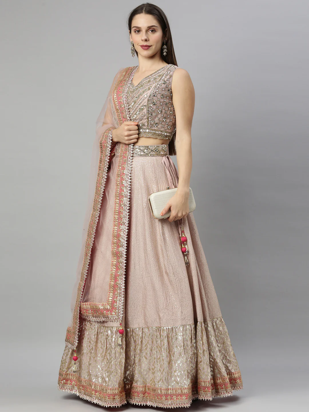 Neerus Onion Color Silk Fabric Ghagra Set - Image 9