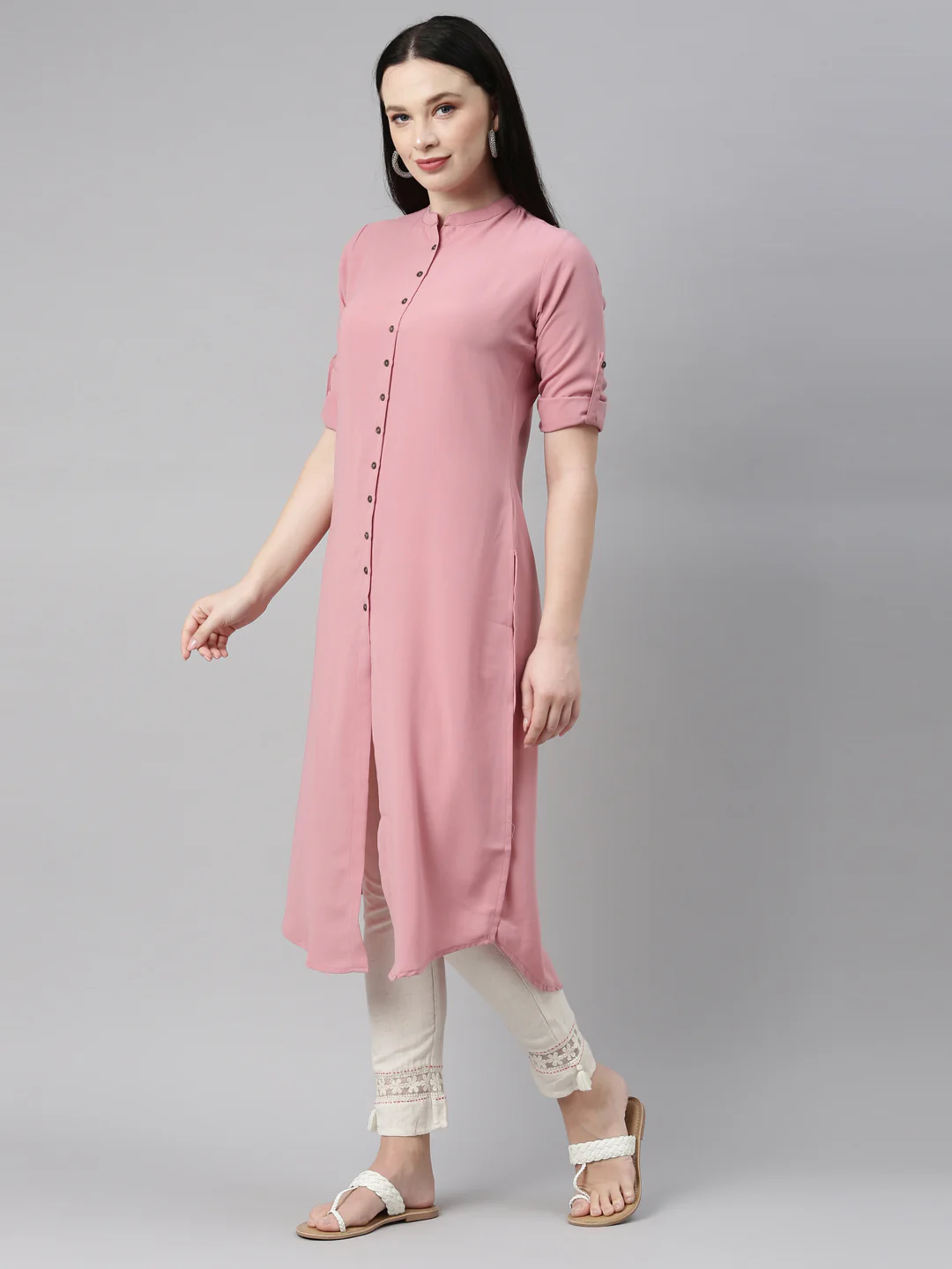Neerus Onion Color Slub Rayon Fabric Kurta - Image 3