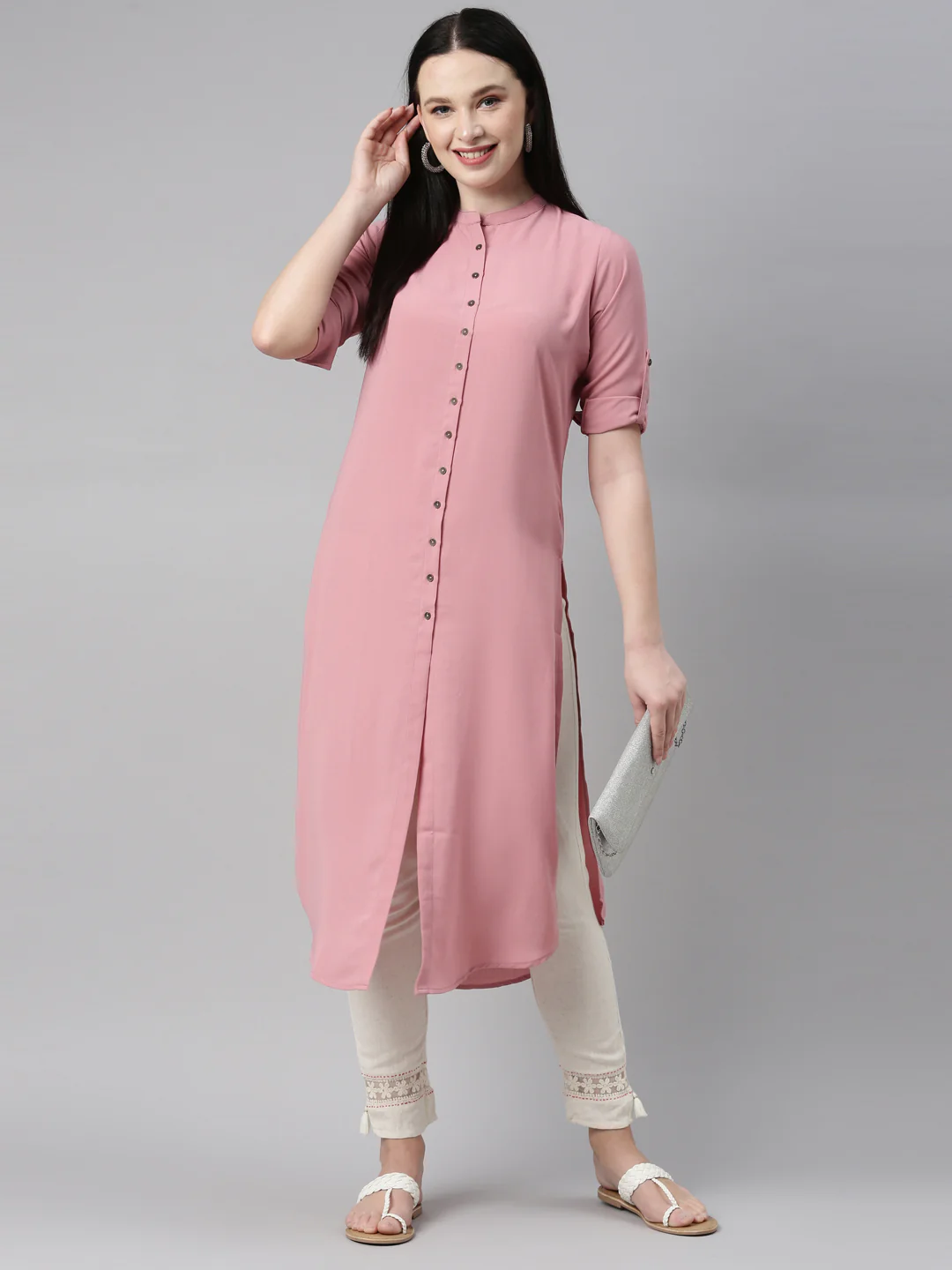 Neerus Onion Color Slub Rayon Fabric Kurta - Image 6