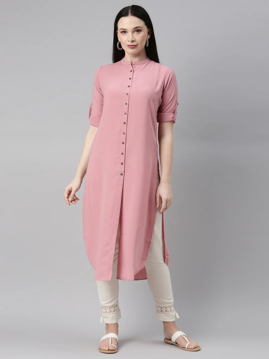 Neerus Onion Color Slub Rayon Fabric Kurta - Image 9