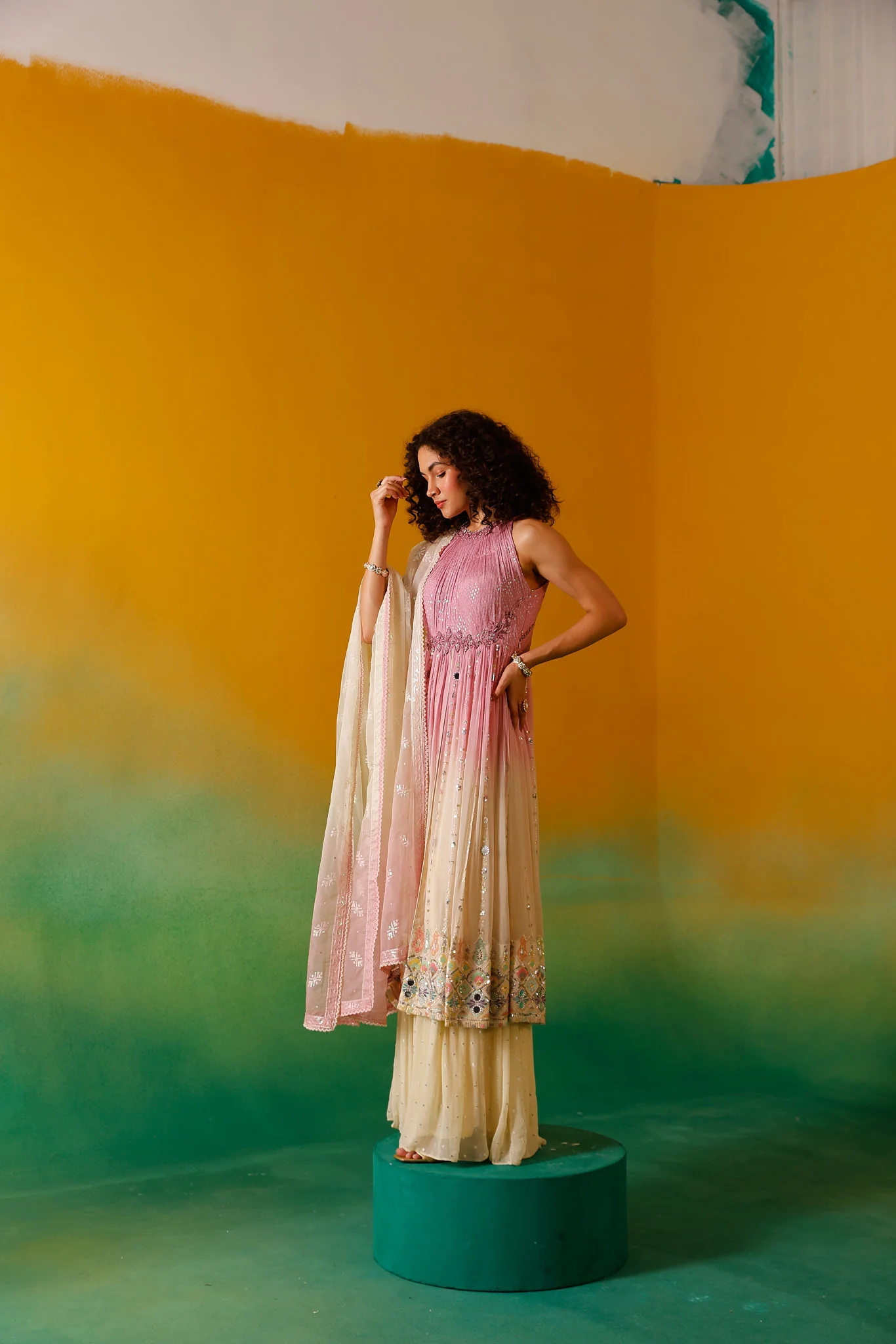 Neerus Onion Sequence work Chinon Fabric Anarkali Set - Image 9