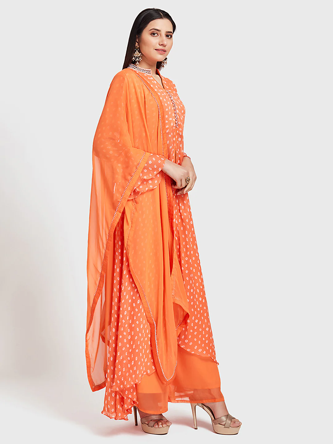Neerus Orange Bandhani Kurta With Palazzo & Dupatta