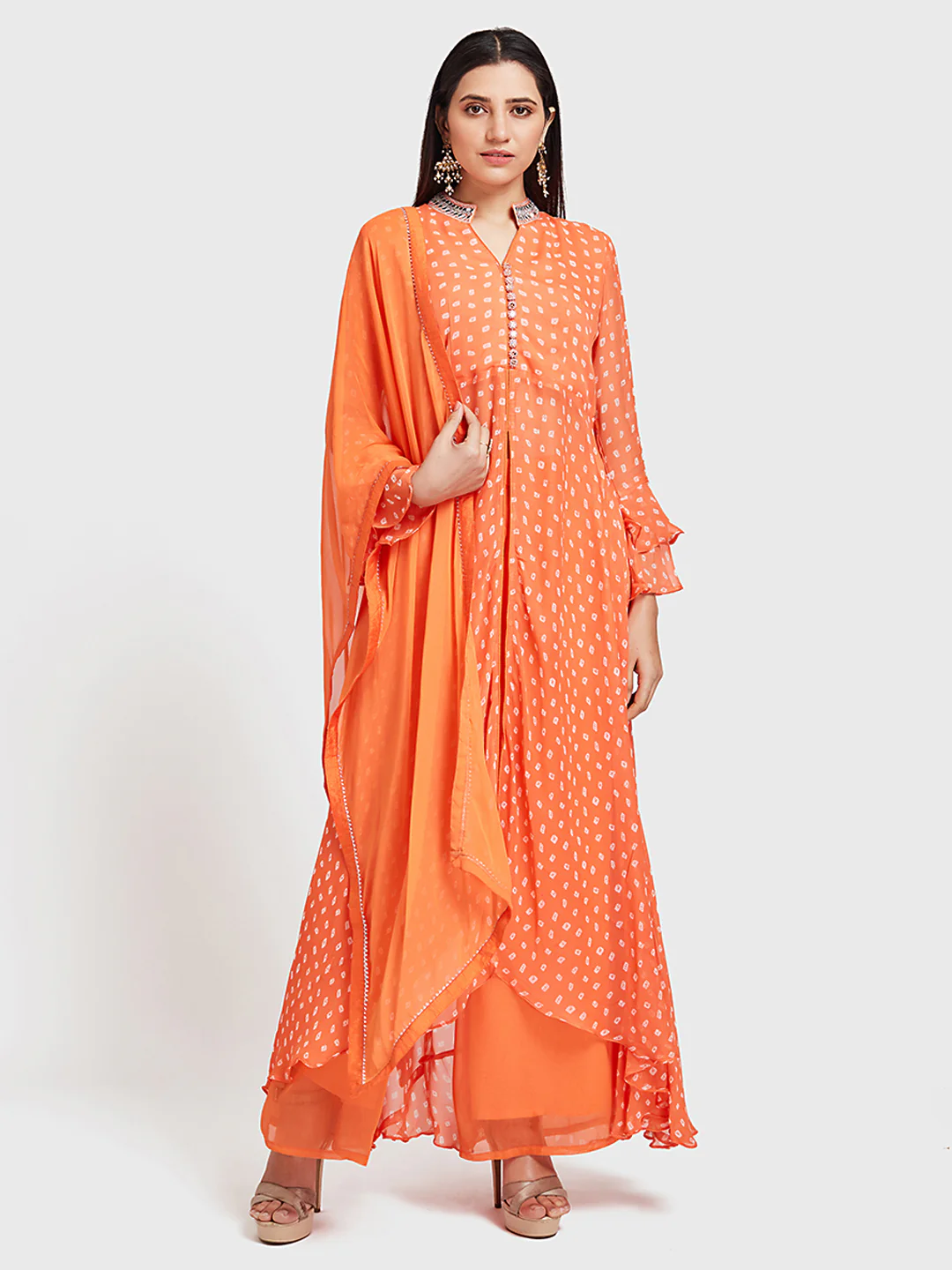 Neerus Orange Bandhani Kurta With Palazzo & Dupatta - Image 6