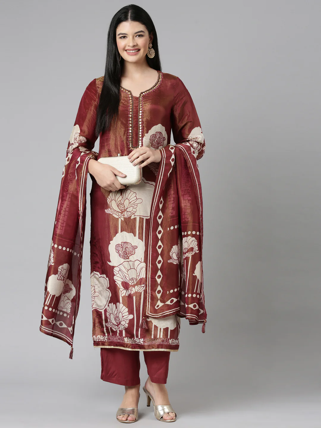 Neerus Orange Casual Floral Straight Kurta and Trousers With Dupatta - Image 6
