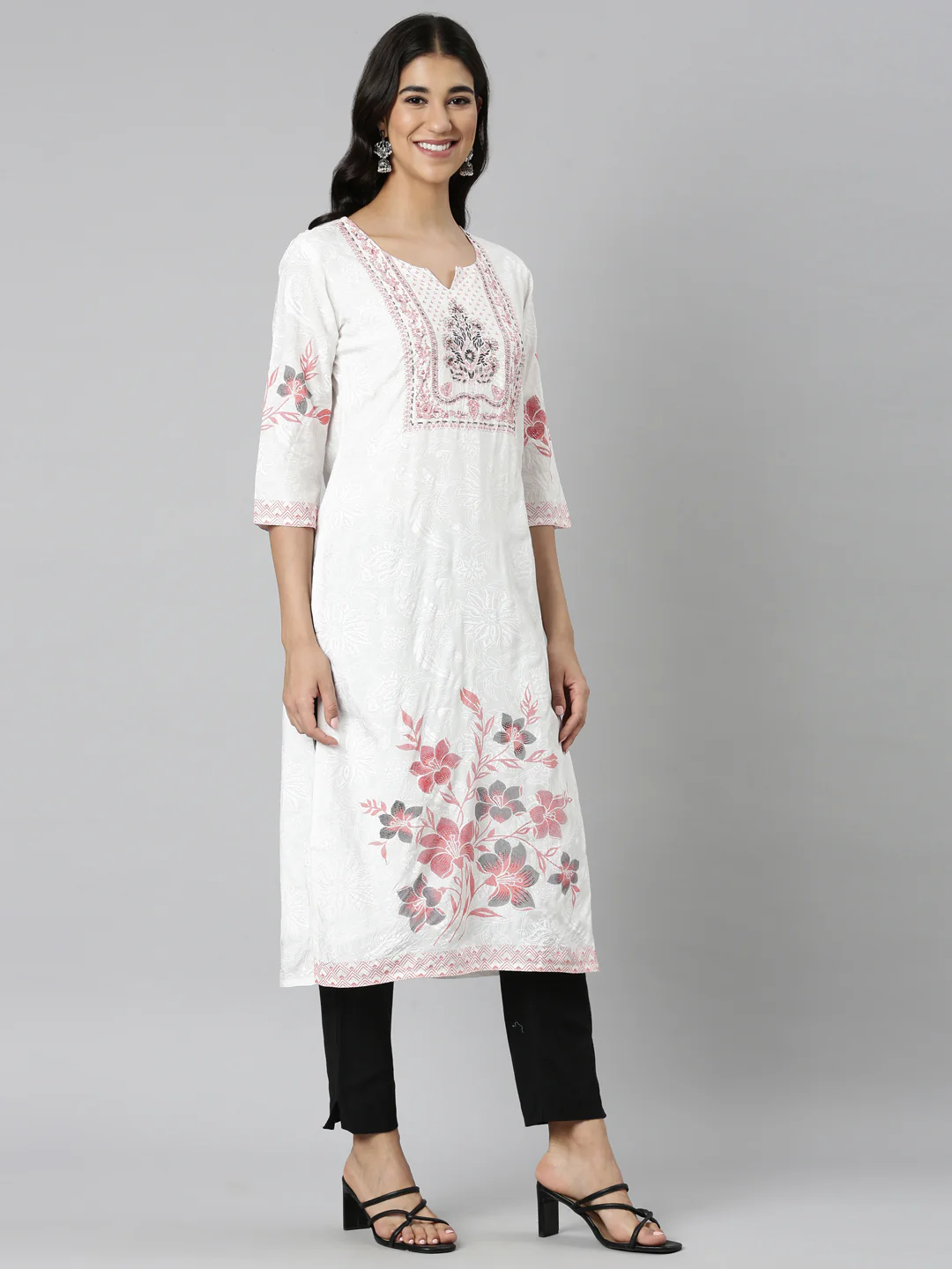 Neerus Orange Casual Floral Straight Kurta - Image 3