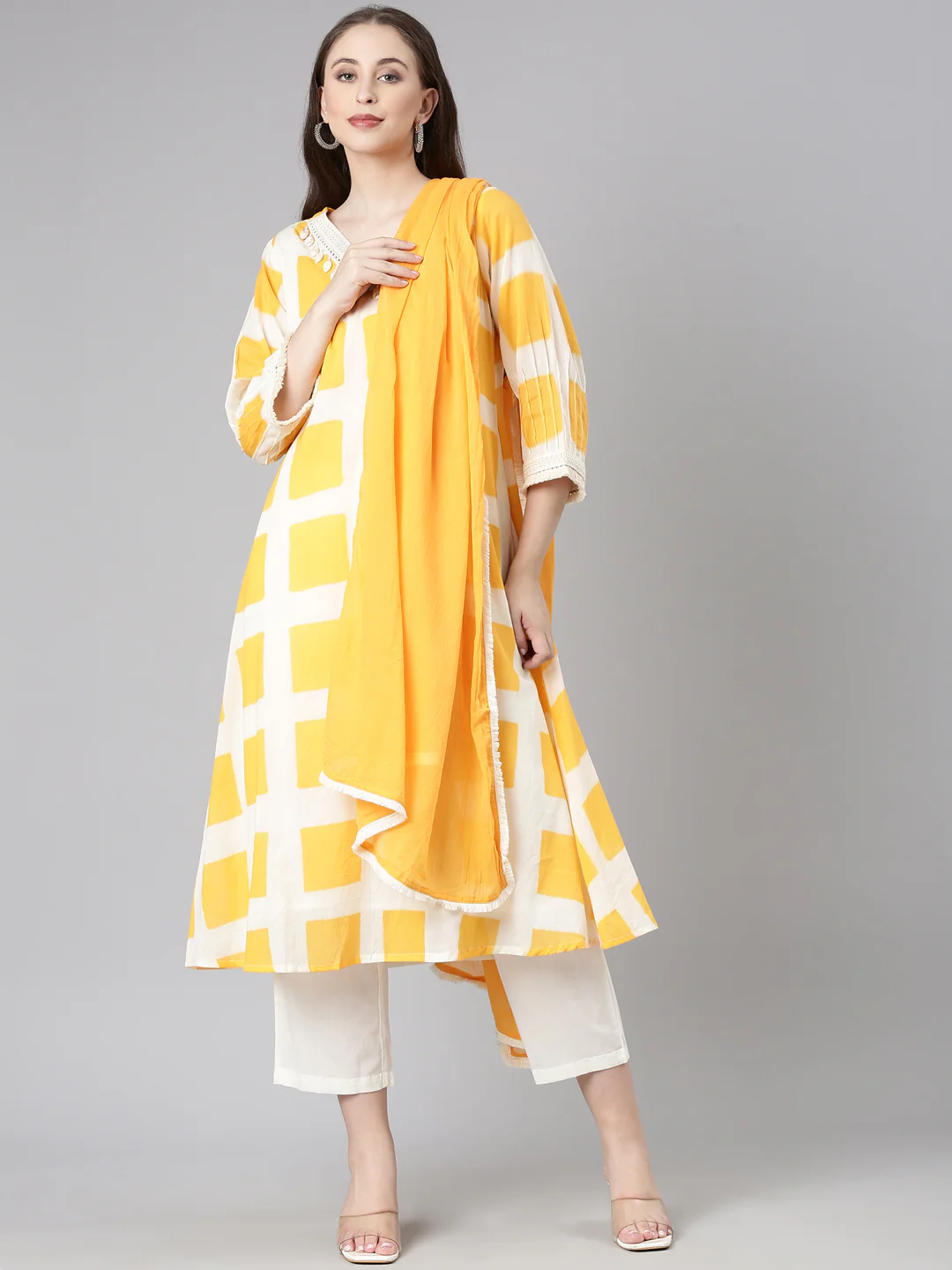 Neerus Orange Checked Straight Kurta and Trousers With Dupatta