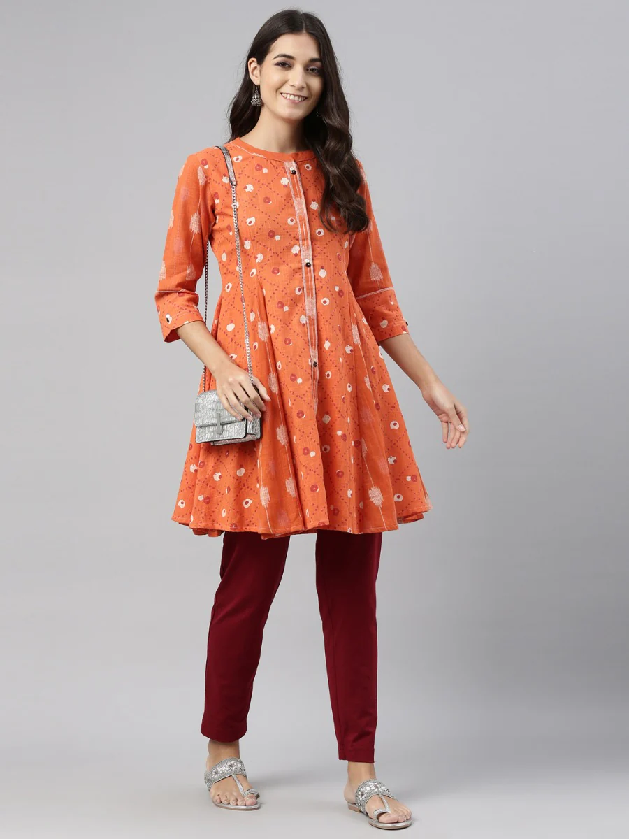Neerus Orange Color Cotton Fabric Tunic