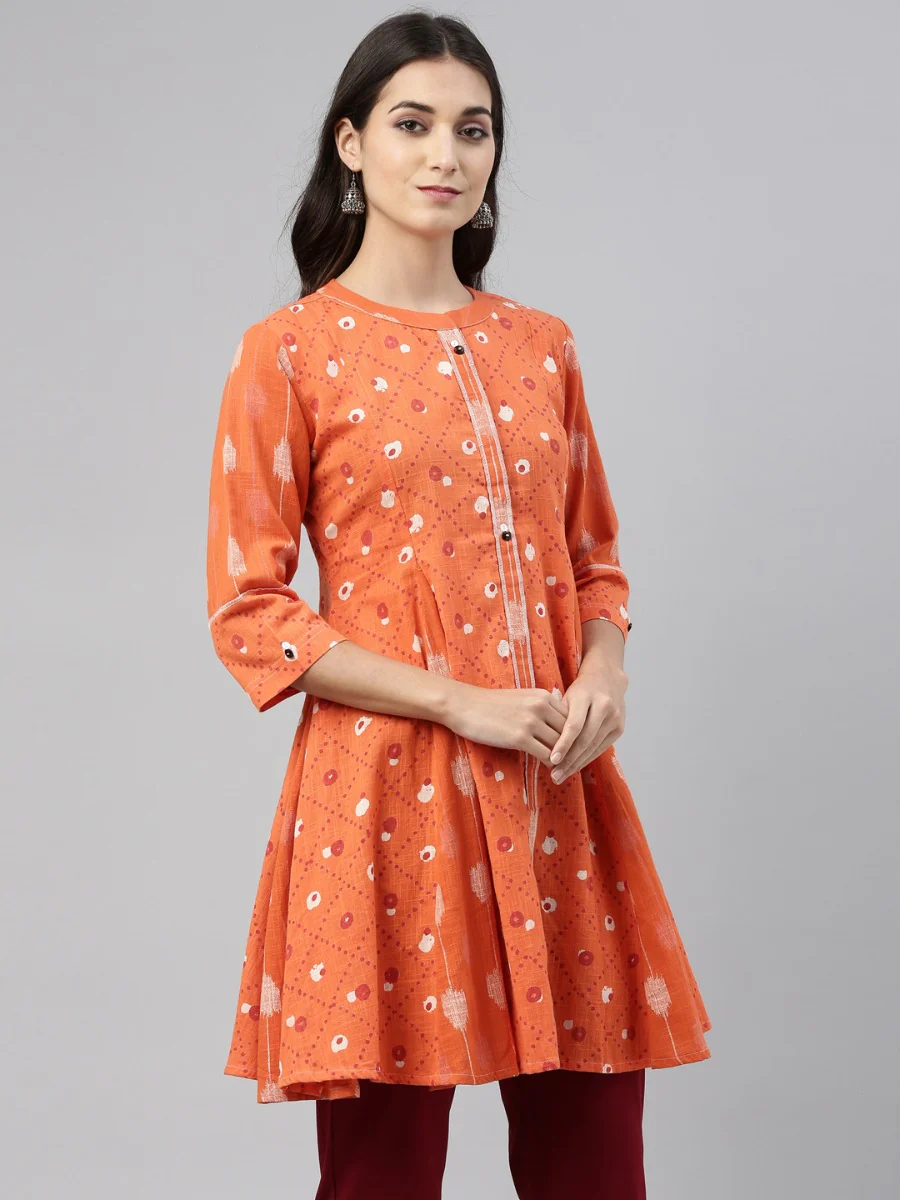 Neerus Orange Color Cotton Fabric Tunic - Image 3