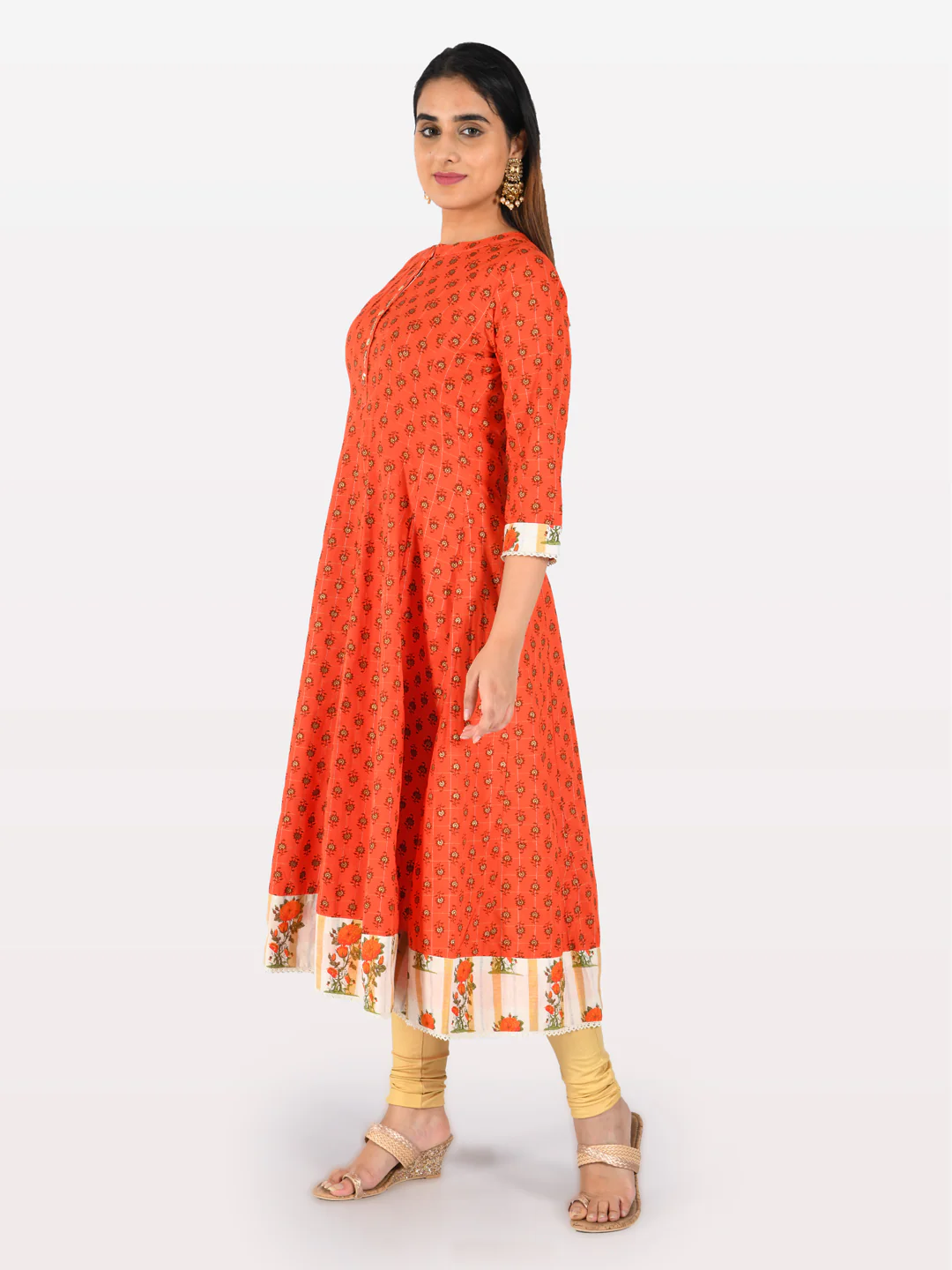 Neerus Orange & Cream Printed Kurta With Palazzo & Dupatta - Image 2
