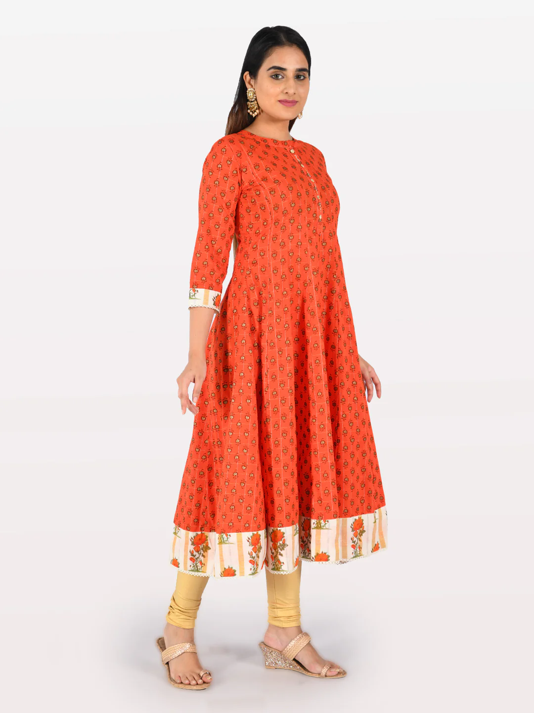 Neerus Orange & Cream Printed Kurta With Palazzo & Dupatta - Image 4