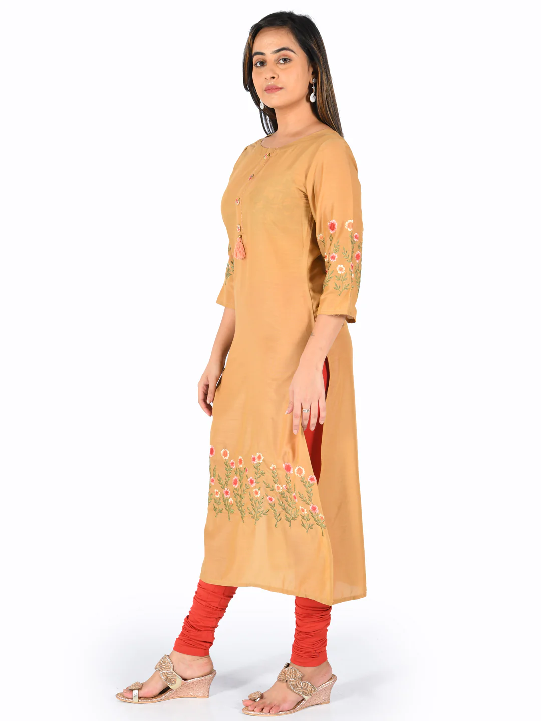 Neerus Orange Embroidered Straight Kurta - Image 2