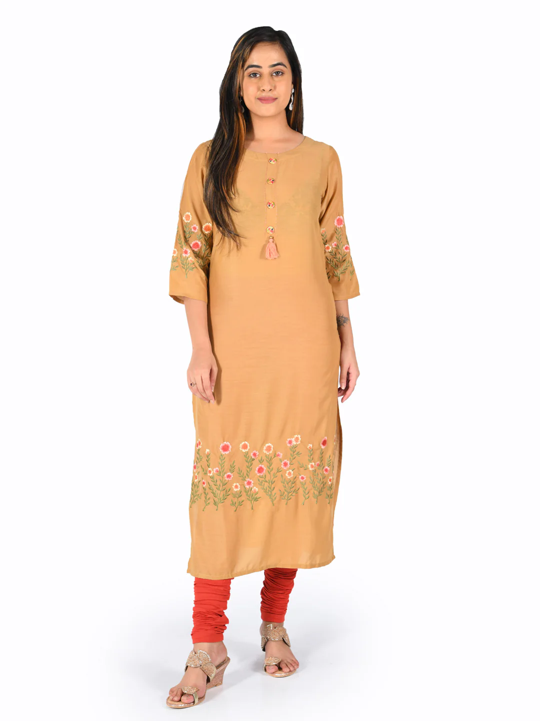 Neerus Orange Embroidered Straight Kurta - Image 5