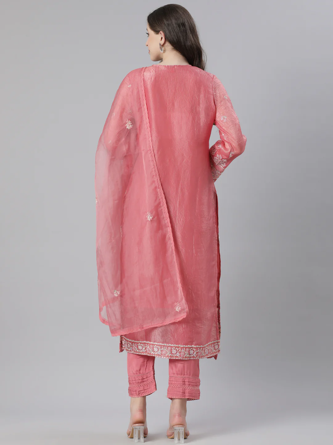 Neerus Orange Embroidered Straight Kurta and Trousers With Dupatta - Image 3