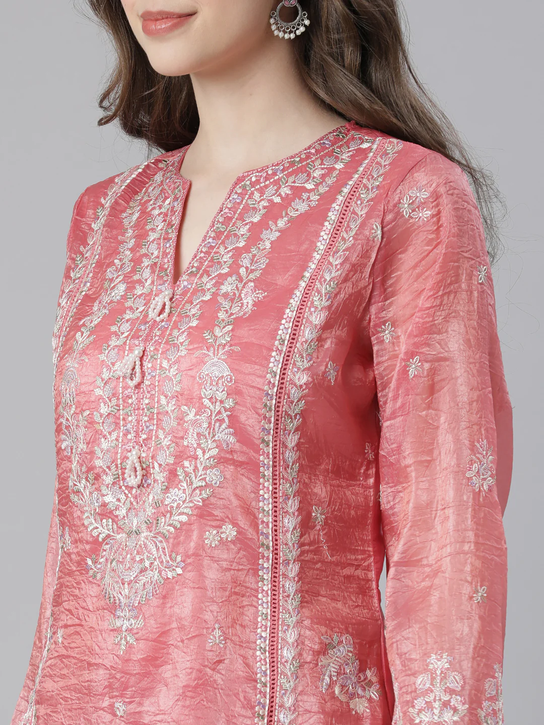Neerus Orange Embroidered Straight Kurta and Trousers With Dupatta - Image 4