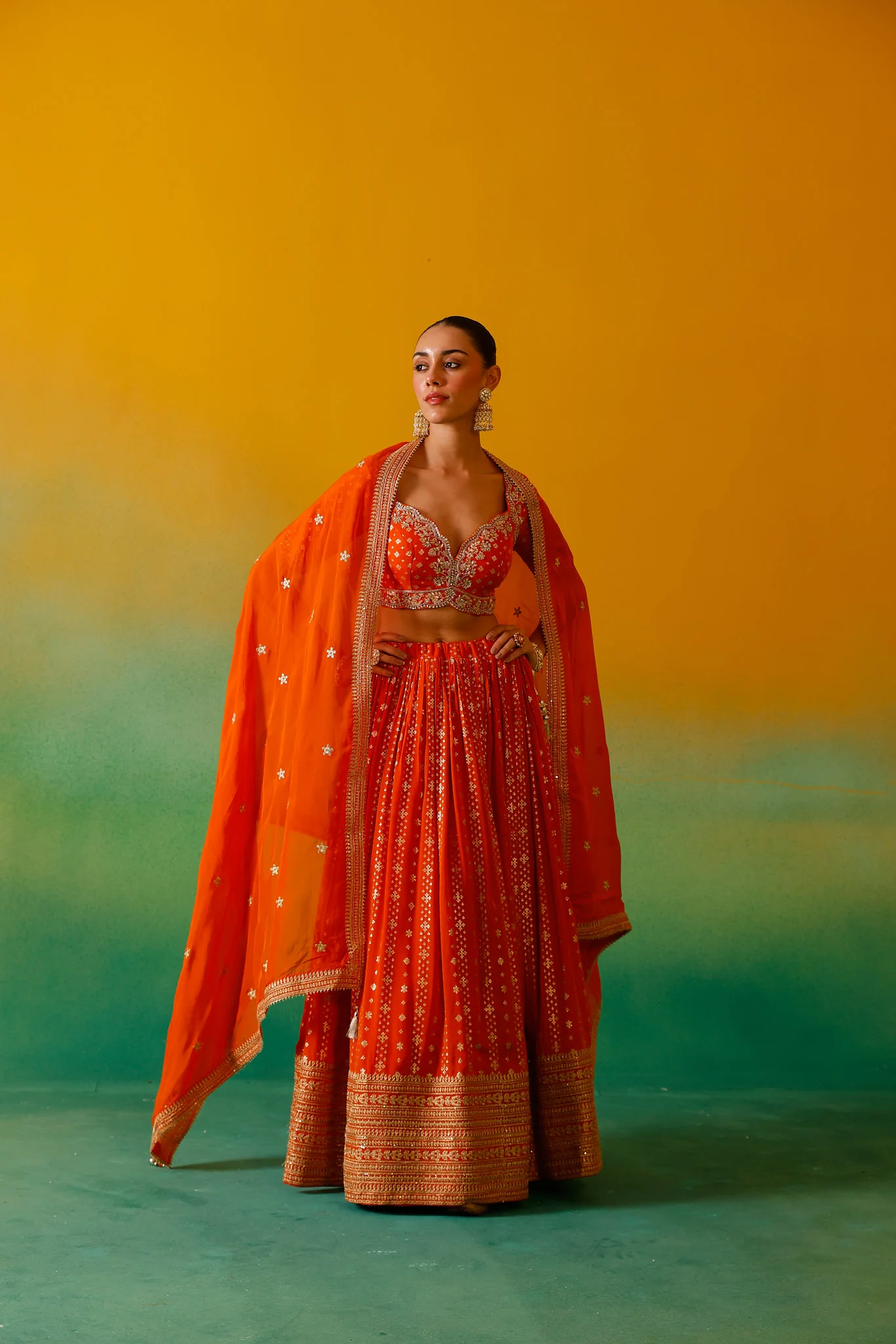 Neerus Orange Embroidery Work Georgette Fabric Ghagra Set - Image 4