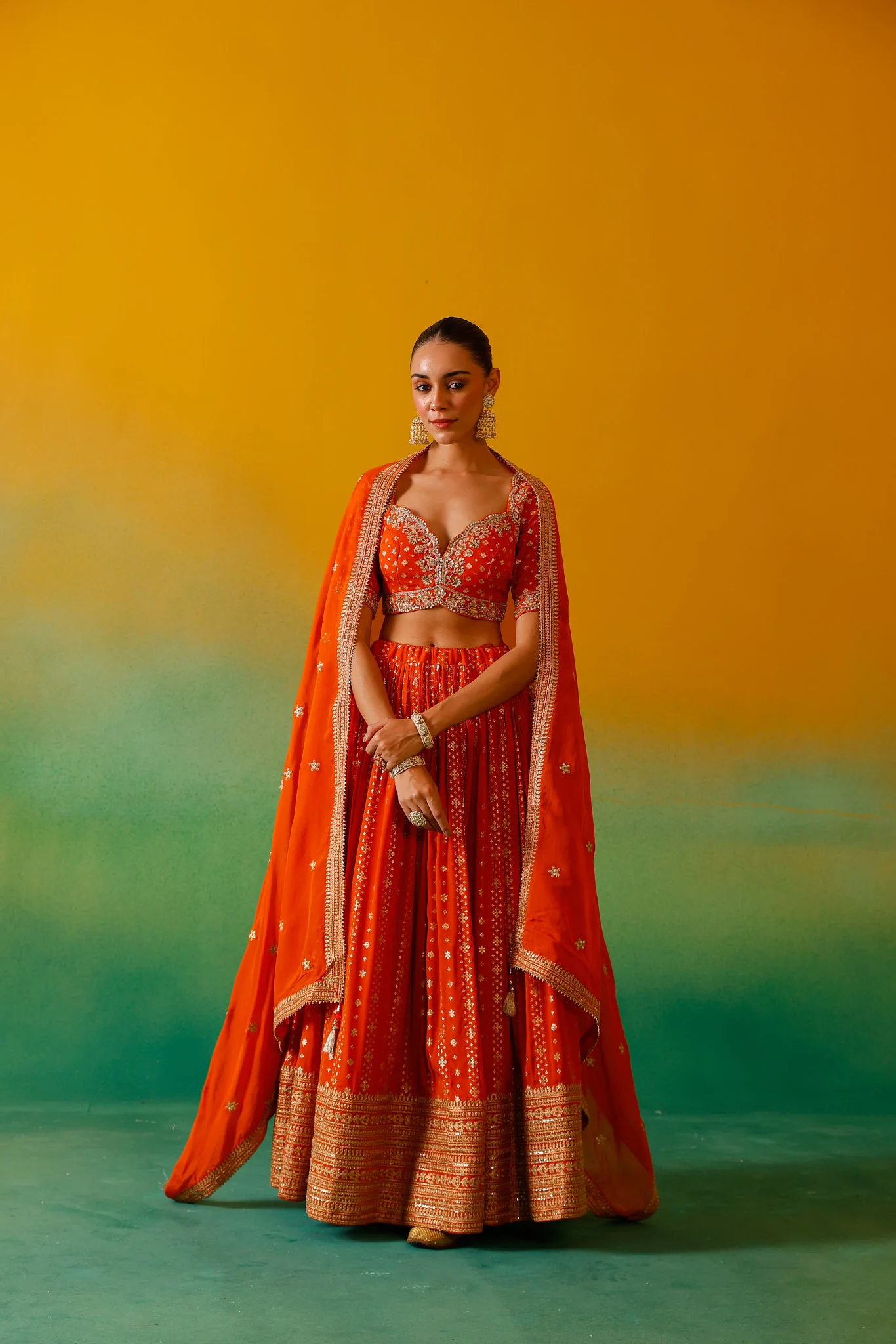 Neerus Orange Embroidery Work Georgette Fabric Ghagra Set - Image 5