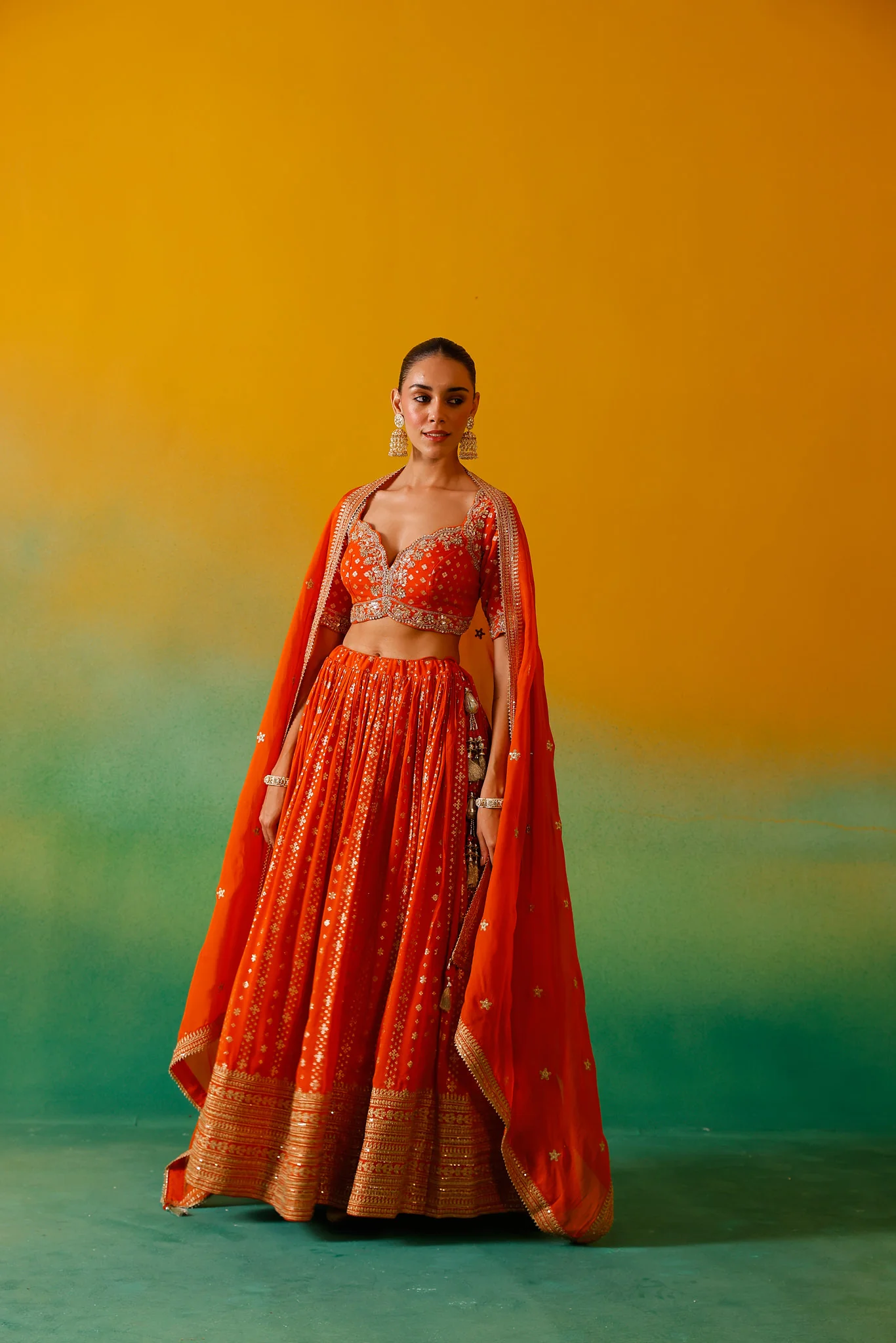 Neerus Orange Embroidery Work Georgette Fabric Ghagra Set - Image 6
