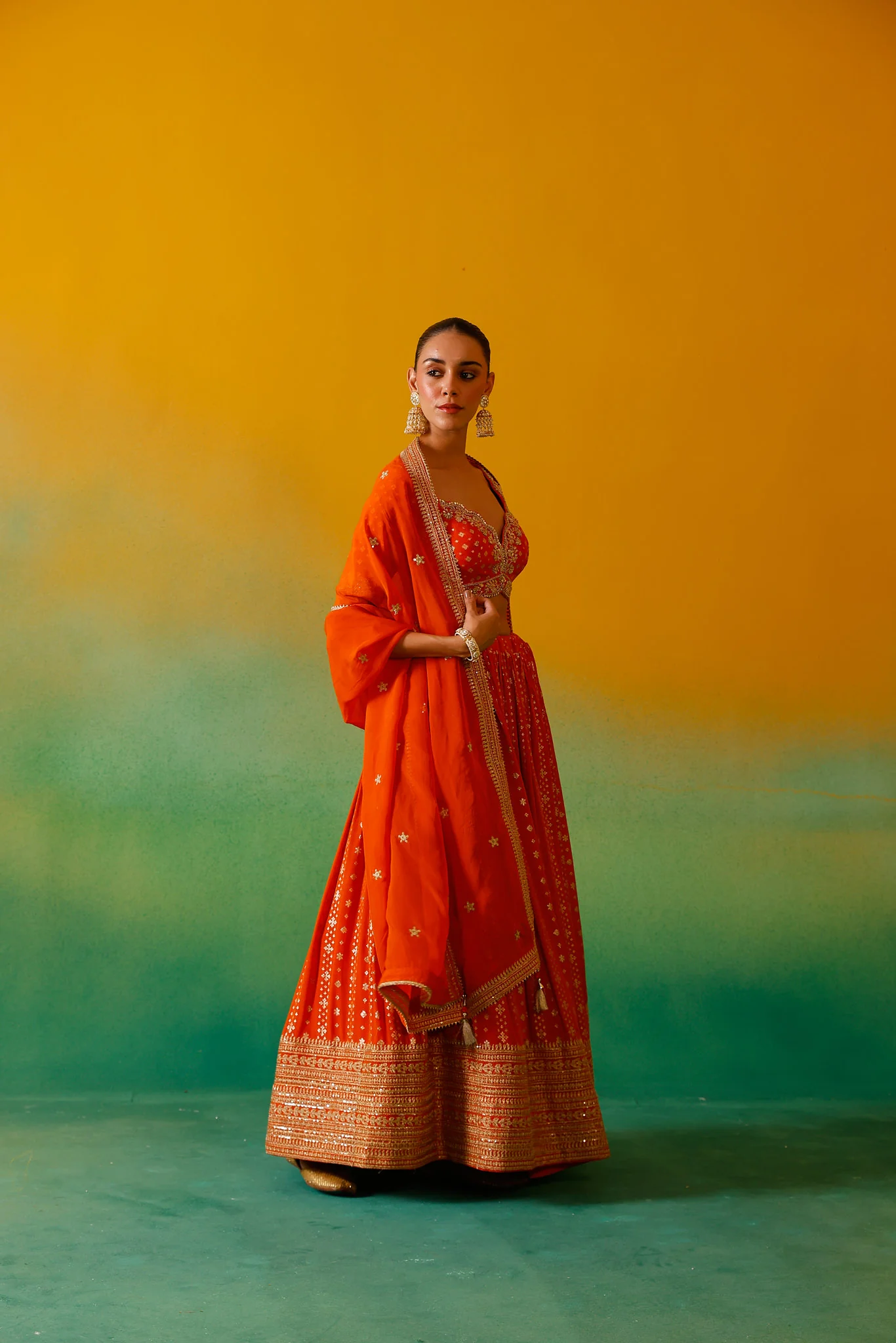 Neerus Orange Embroidery Work Georgette Fabric Ghagra Set - Image 9