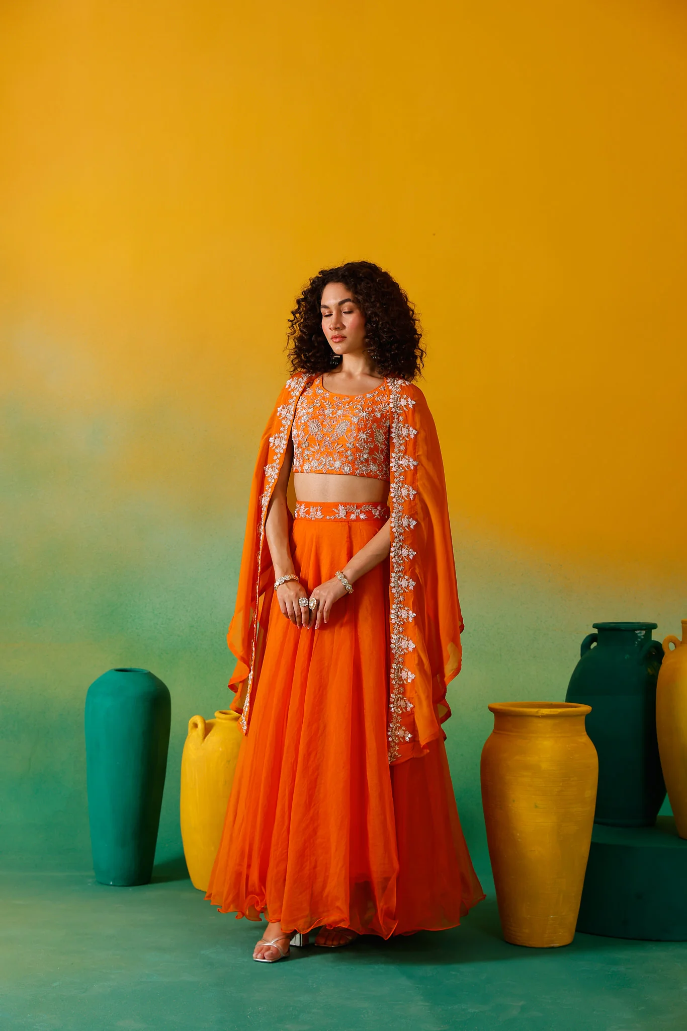 Neerus Orange Embroidery work Organza Fabric Ghagra Set - Image 12