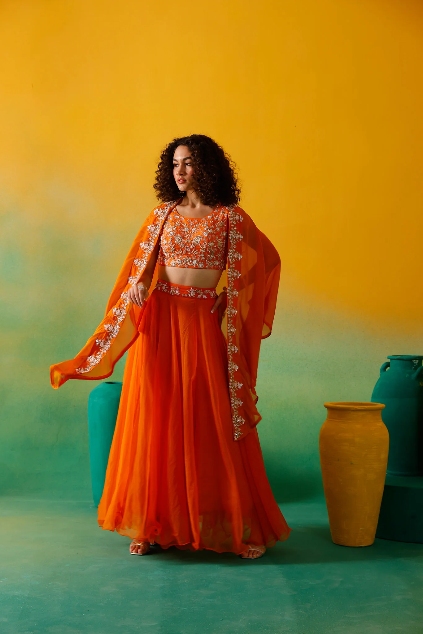 Neerus Orange Embroidery work Organza Fabric Ghagra Set - Image 4