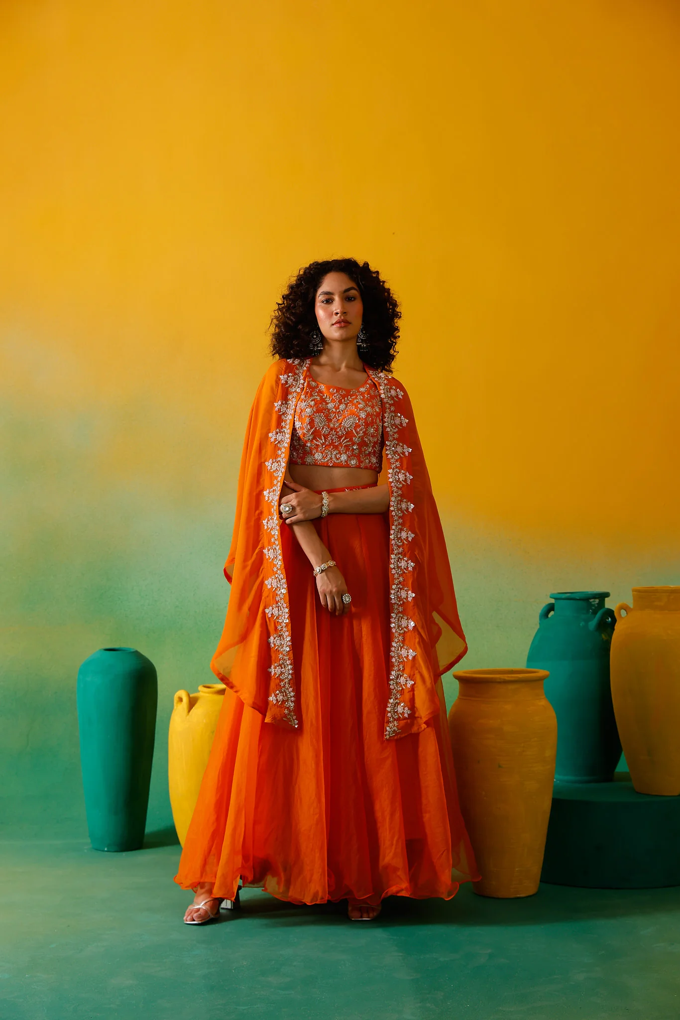 Neerus Orange Embroidery work Organza Fabric Ghagra Set - Image 5