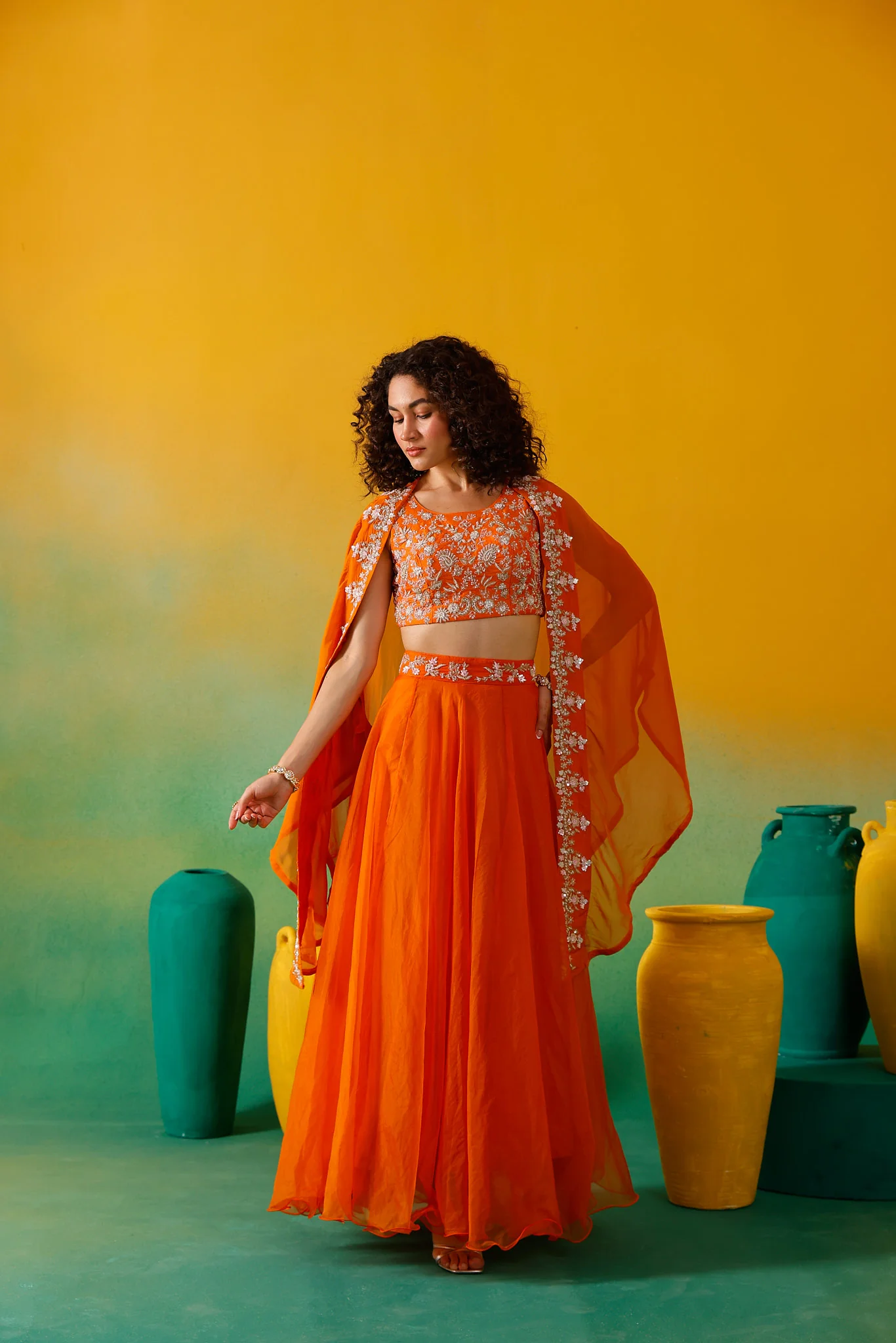 Neerus Orange Embroidery work Organza Fabric Ghagra Set - Image 7