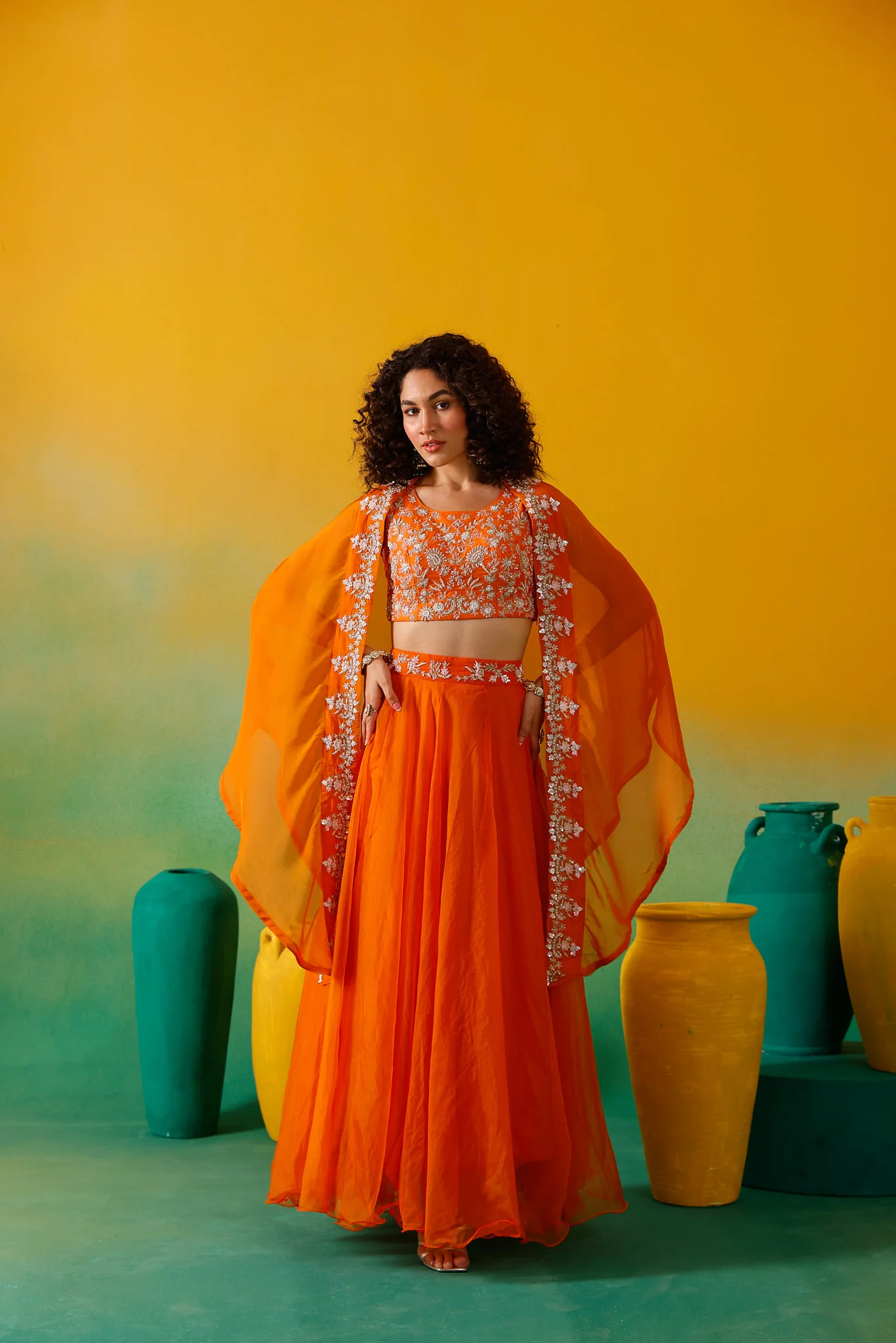 Neerus Orange Embroidery work Organza Fabric Ghagra Set - Image 8