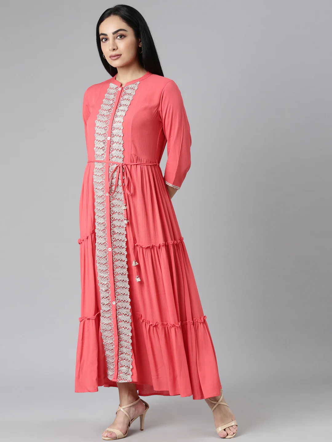 Neerus Orange Flared Casual Solid Maxi Dresses - Image 2