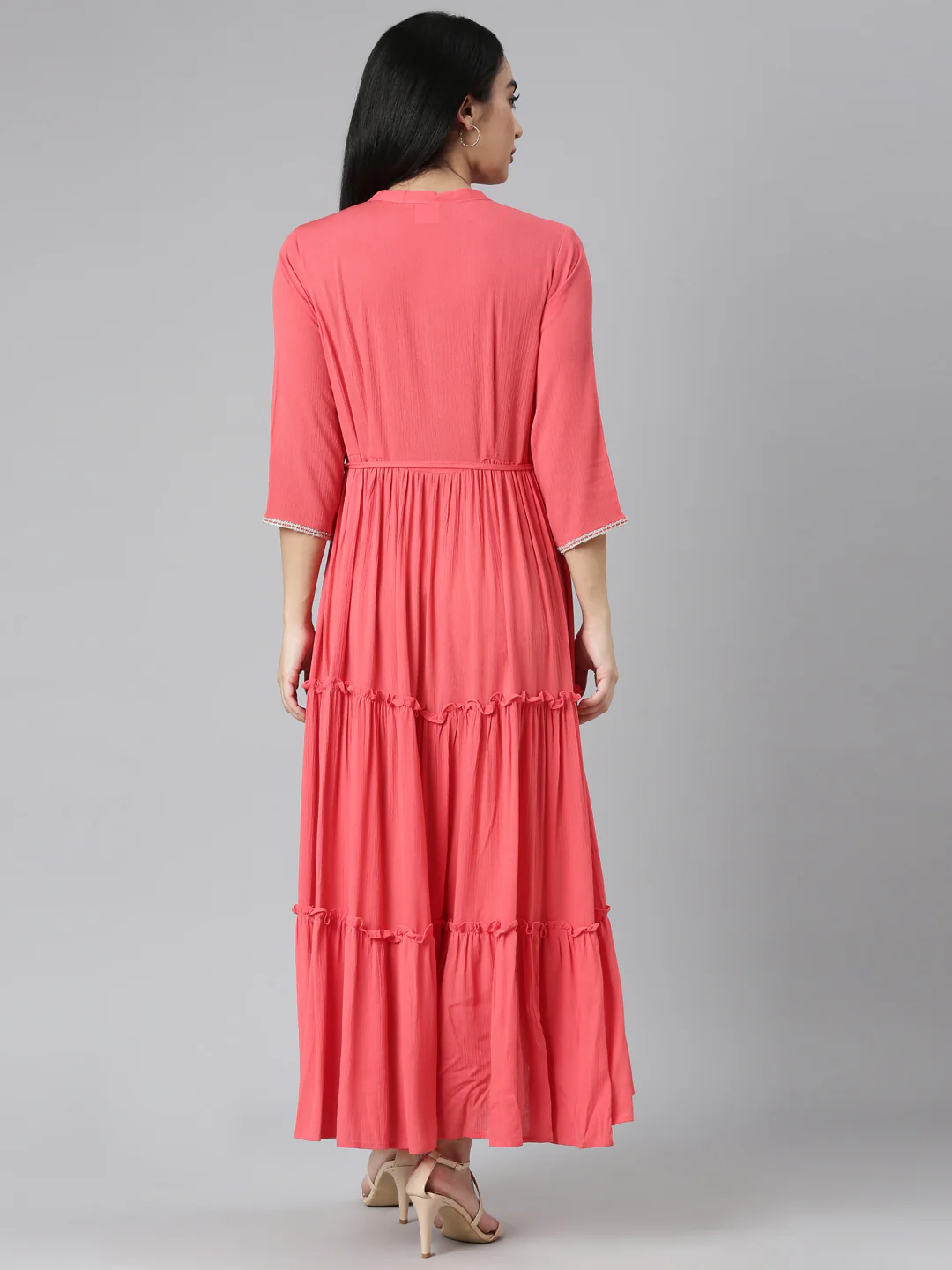 Neerus Orange Flared Casual Solid Maxi Dresses - Image 3