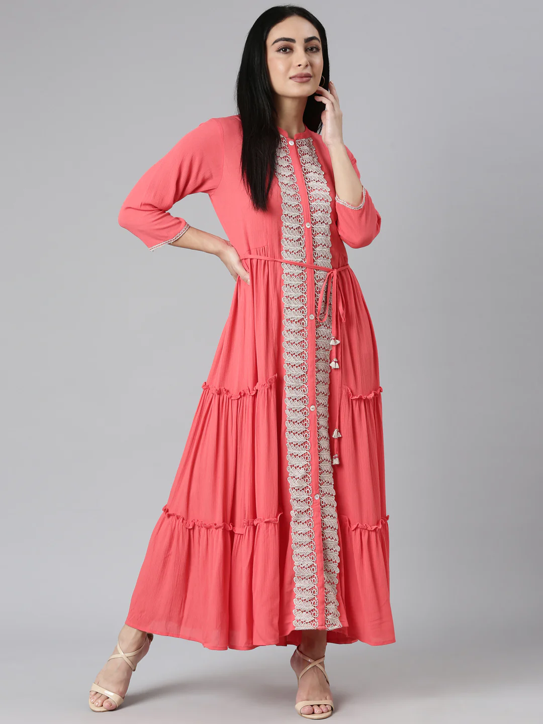 Neerus Orange Flared Casual Solid Maxi Dresses - Image 5