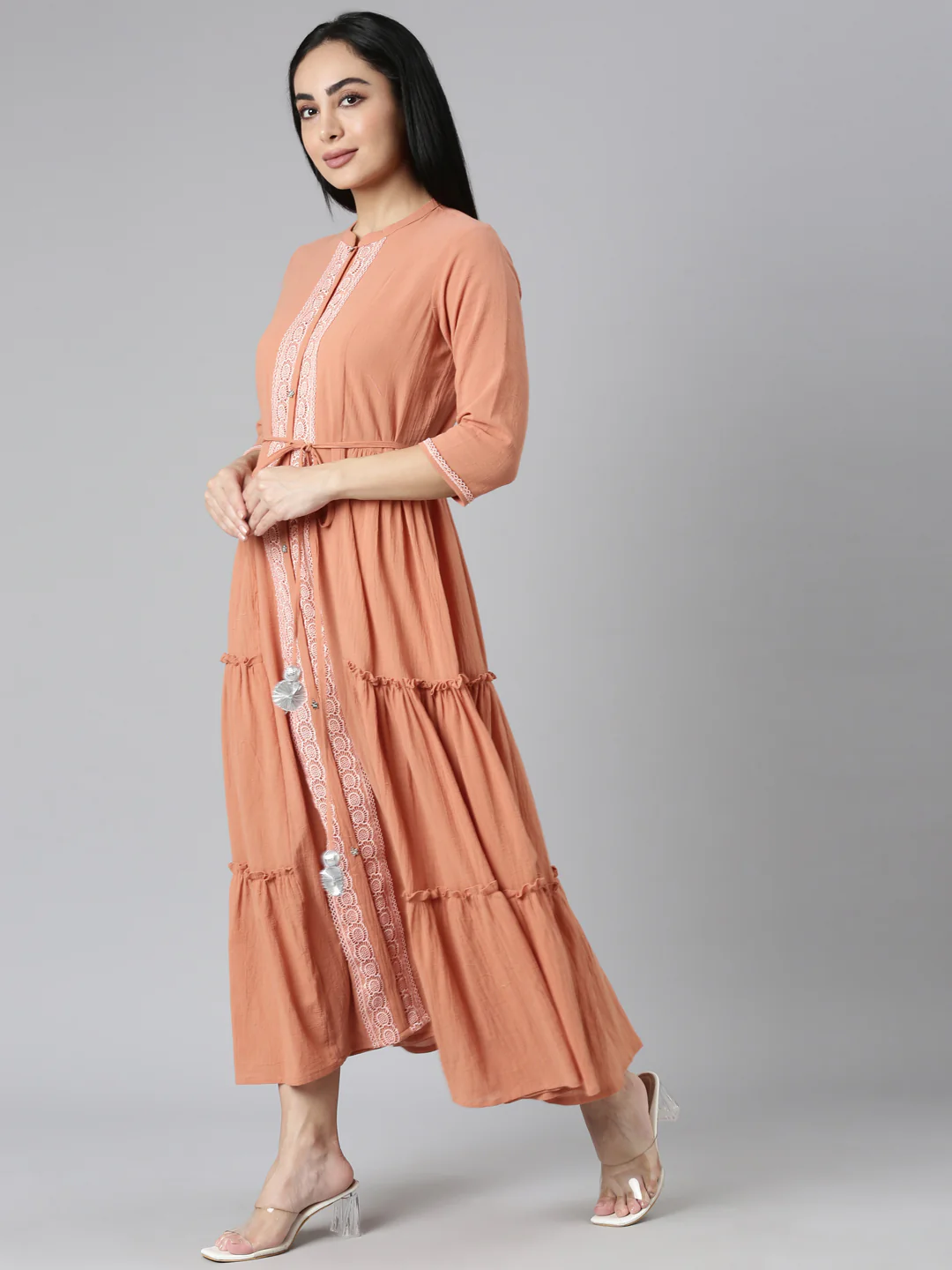 Neerus Orange Flared Casual Solid Maxi Dresses - Image 2