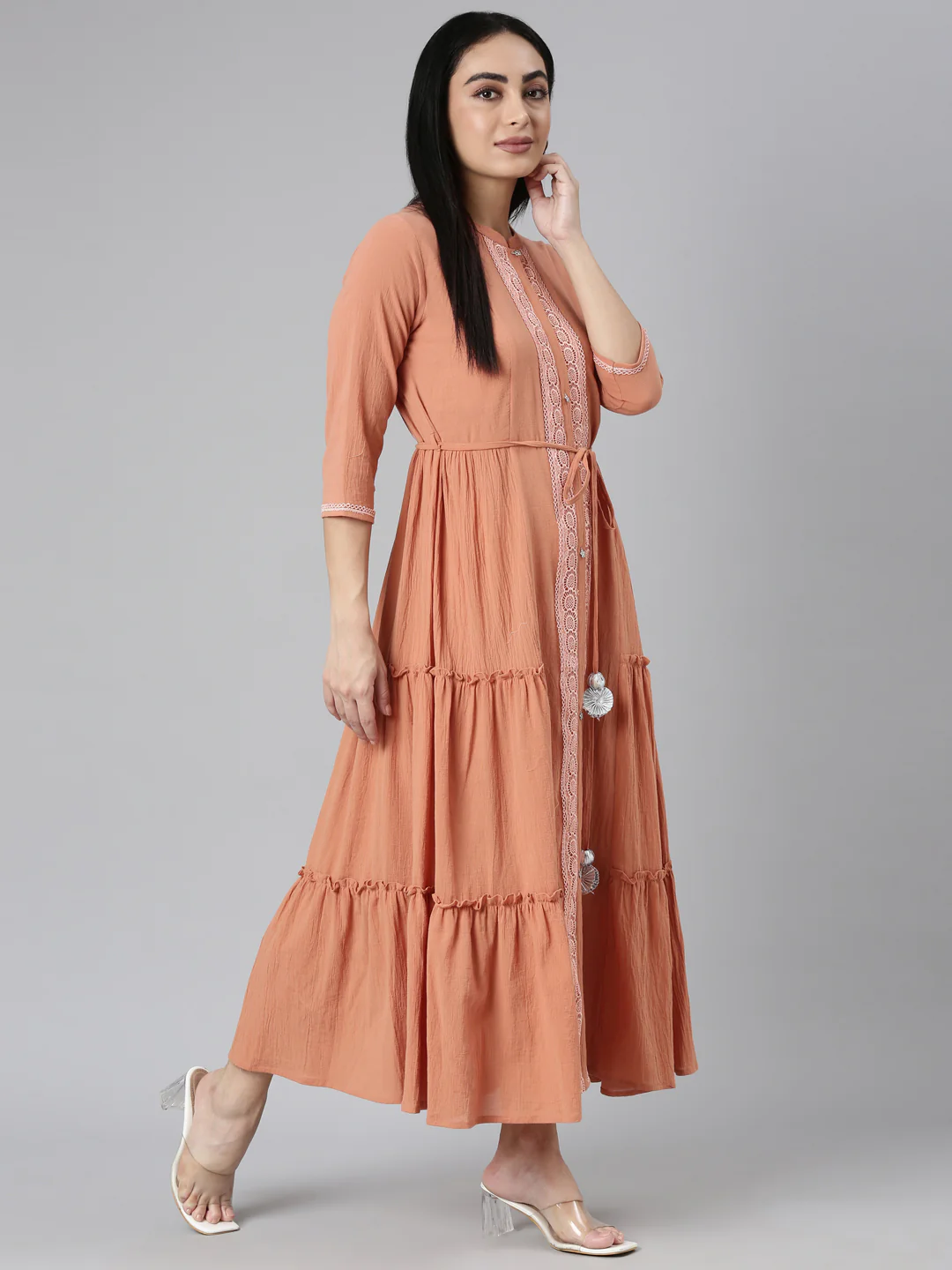 Neerus Orange Flared Casual Solid Maxi Dresses - Image 5