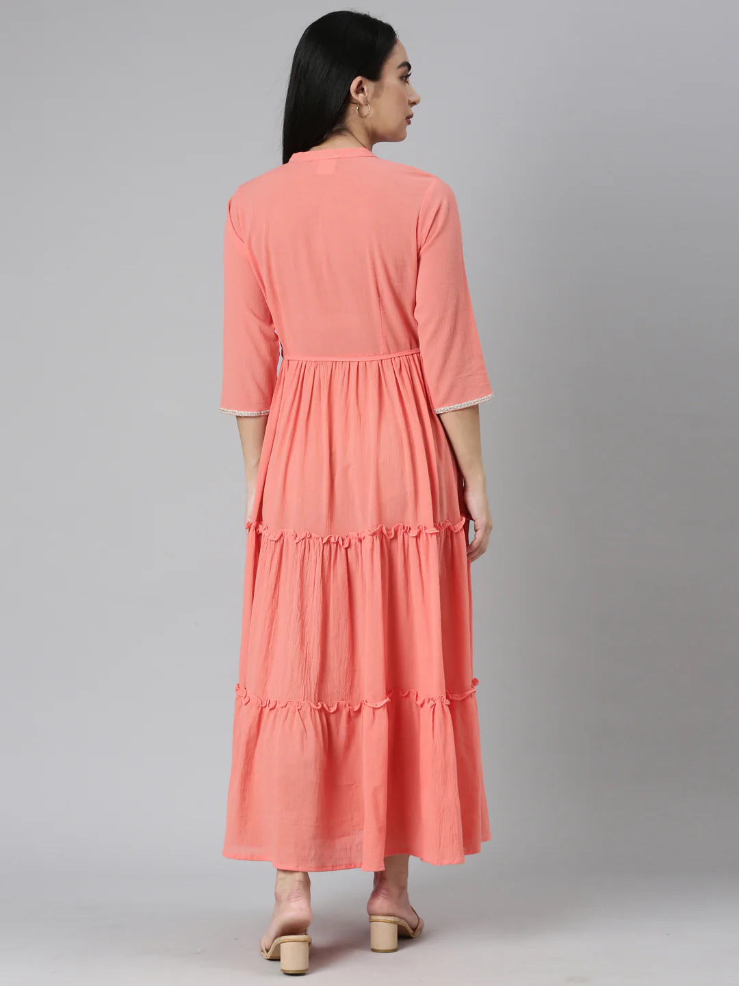 Neerus Orange Flared Casual Solid Maxi Dresses - Image 3