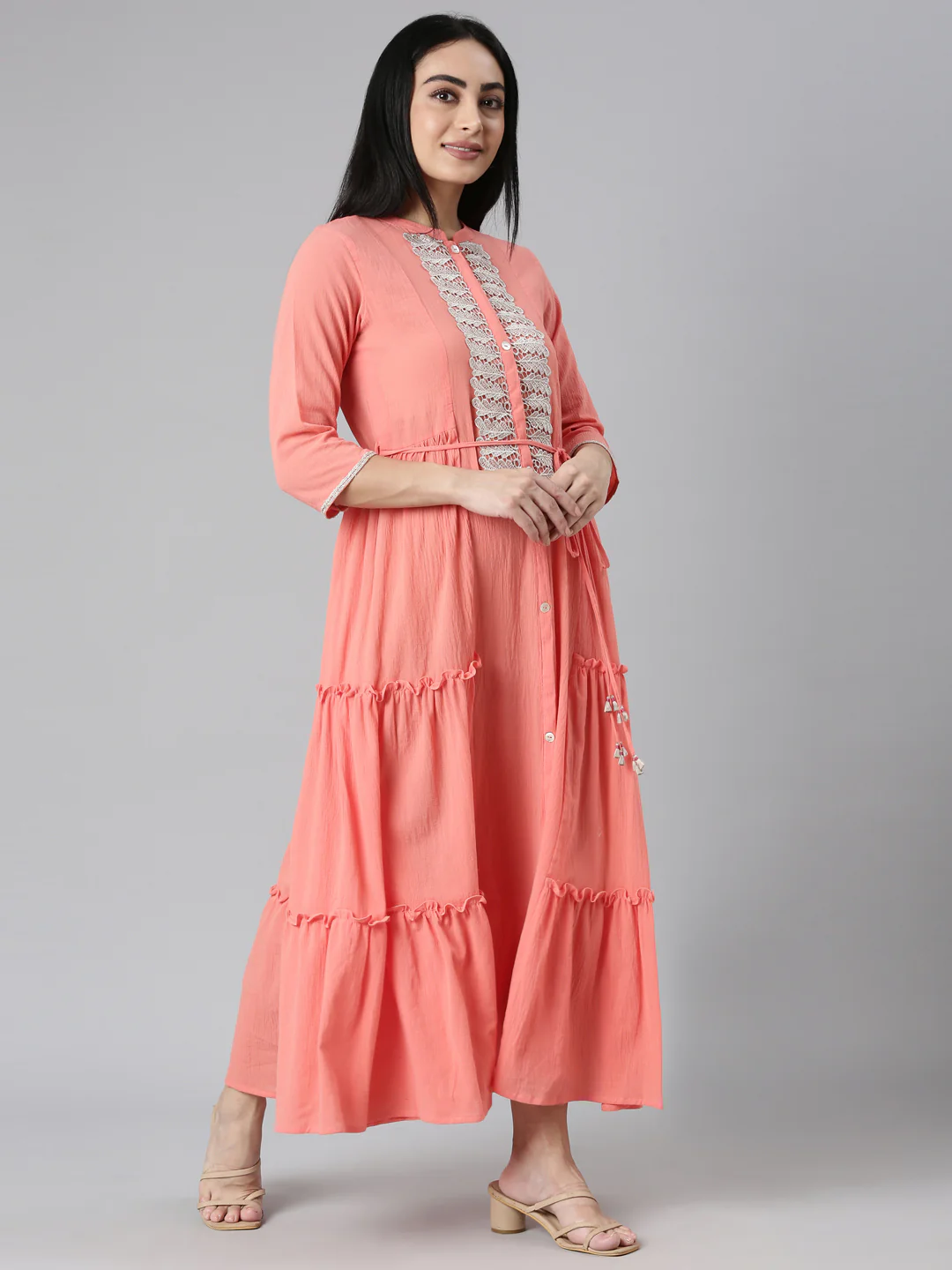Neerus Orange Flared Casual Solid Maxi Dresses - Image 5