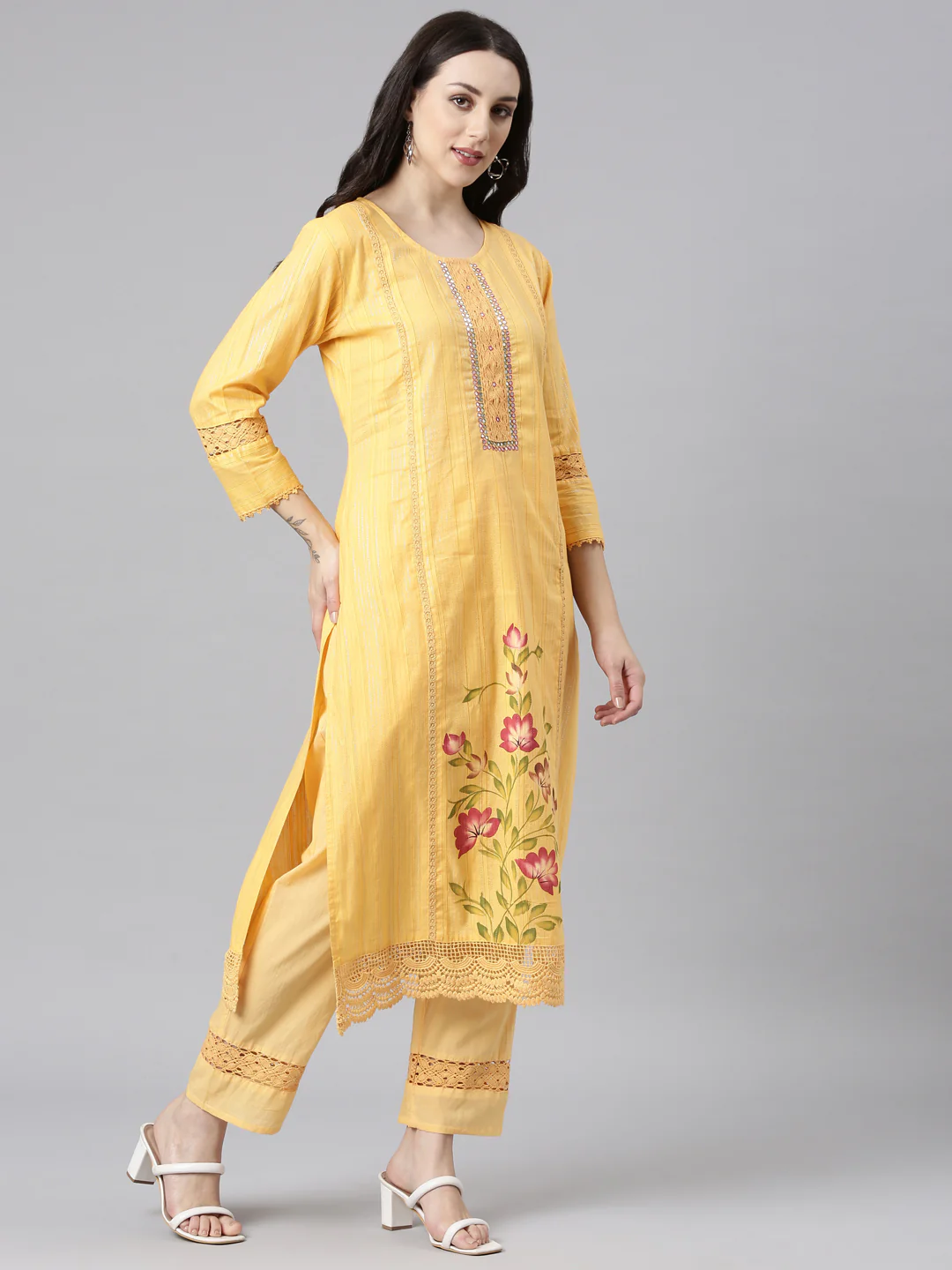 Neerus Orange Panelled Straight Kurta and Trousers With Dupatta - Image 2