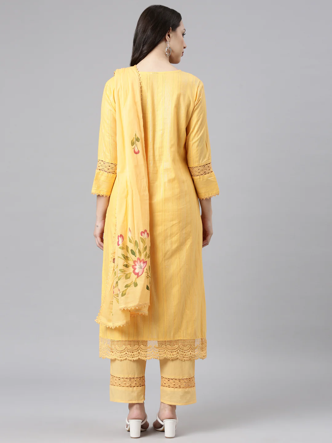 Neerus Orange Panelled Straight Kurta and Trousers With Dupatta - Image 3