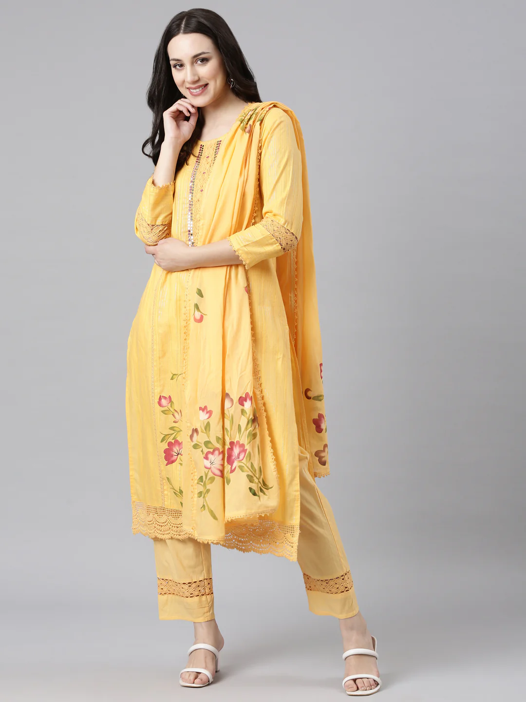Neerus Orange Panelled Straight Kurta and Trousers With Dupatta - Image 5